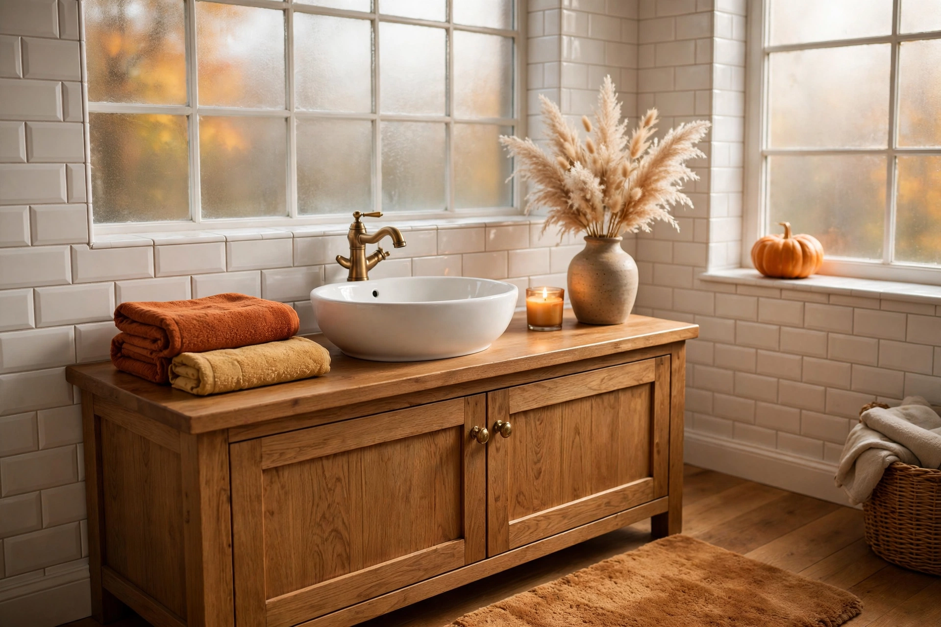 Cozy fall bathroom decor ideas with a wooden vanity, rust-toned towels, pampas grass, candlelight, and a small pumpkin