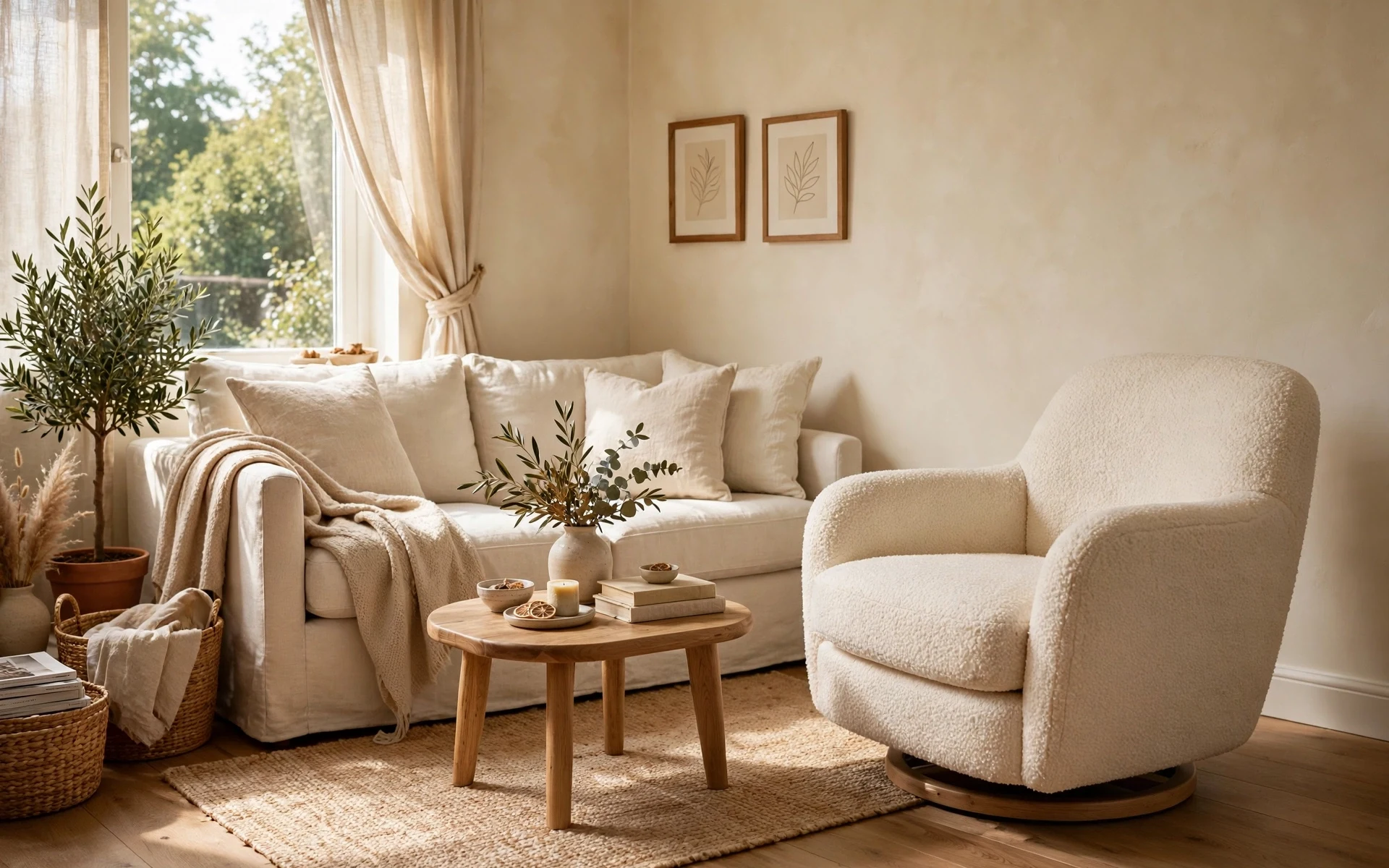 Small living room with accent chair ideas including a cream boucle swivel chair angled beside a sofa