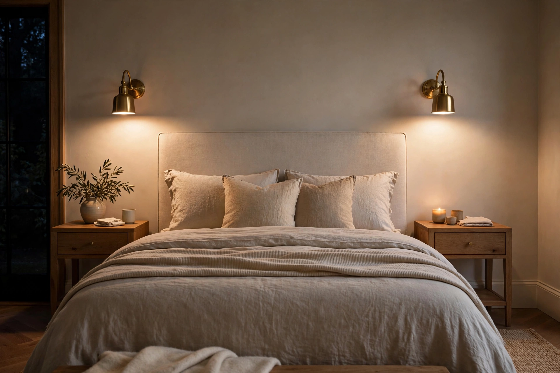 Brass sconces flanking a bedroom headboard, cozy bedroom wall sconce ideas