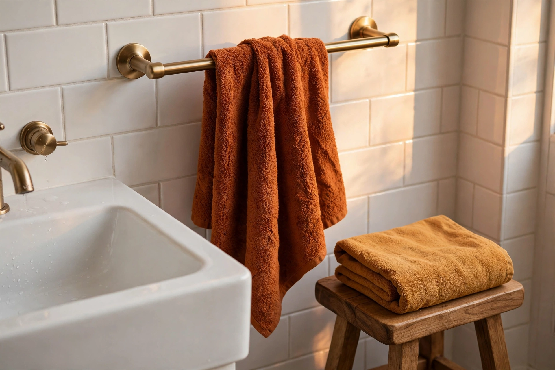 Warm-tone towels in rust, terracotta, and ochre make easy fall bathroom decor ideas on open wooden shelving