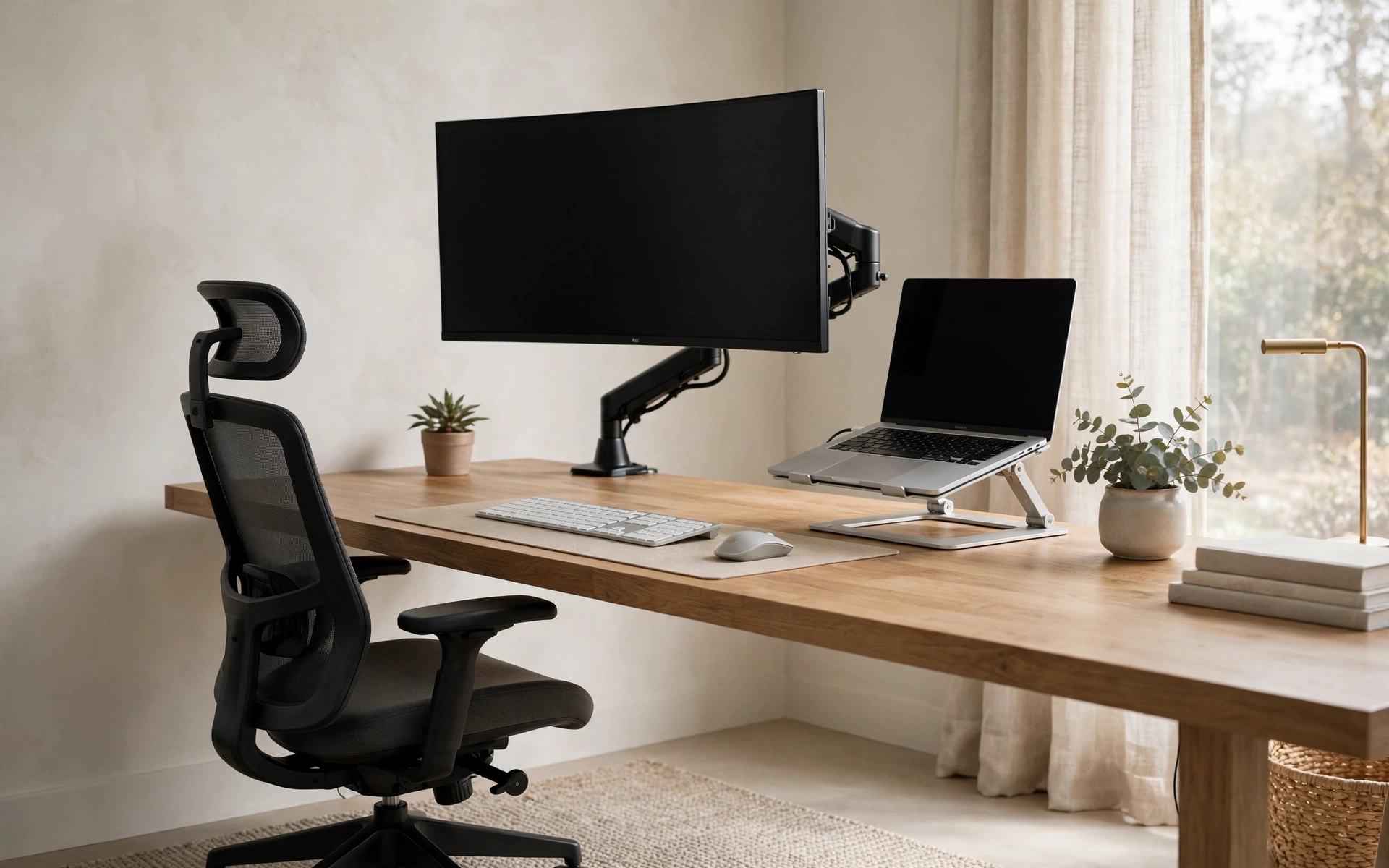 Home office desk setup ideas for ergonomics: monitor arm, laptop stand, keyboard, and mouse