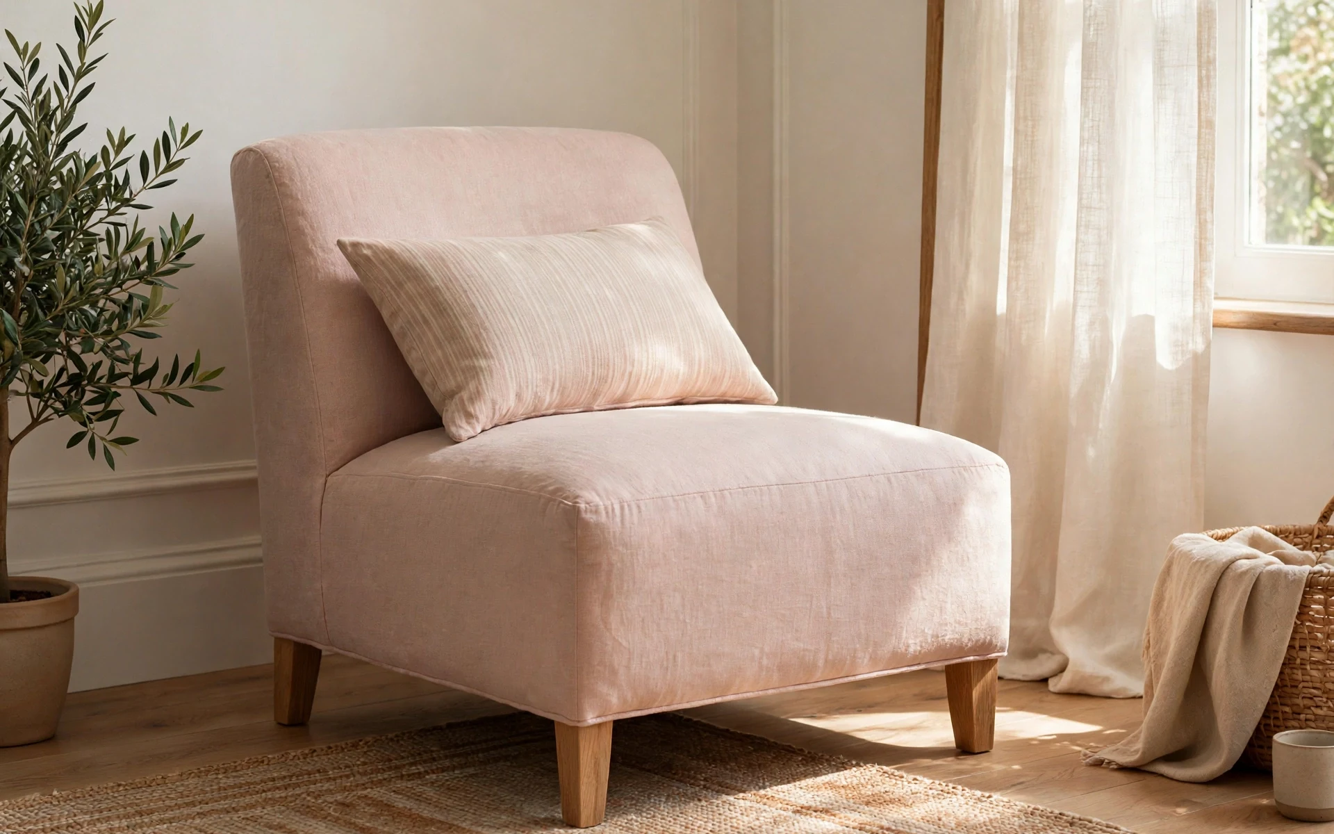 Armless slipper chair in blush linen angled in a corner as accent chair ideas for small living rooms