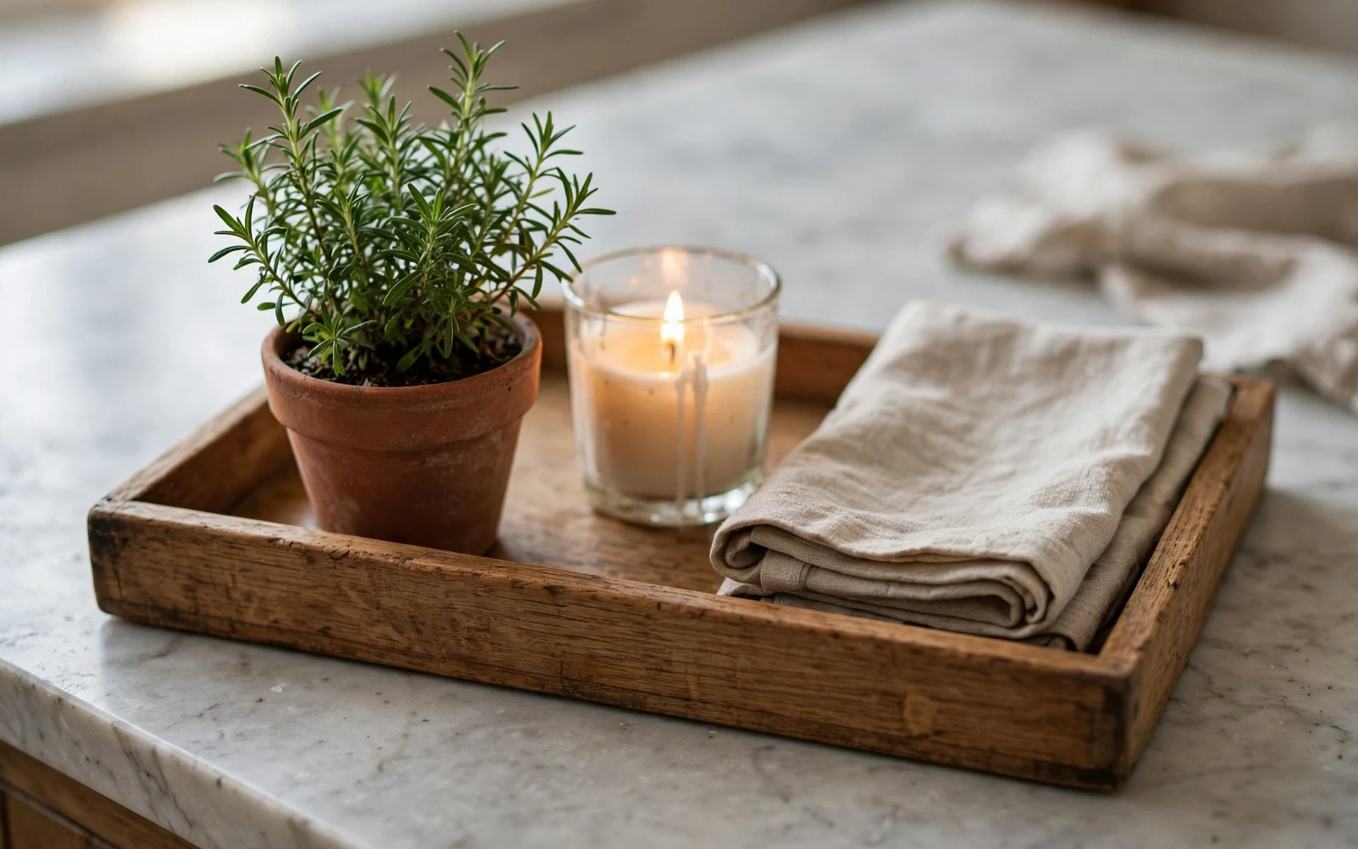 Wooden tray with a potted herb, candle and linen napkins as kitchen island decor ideas on a marble island