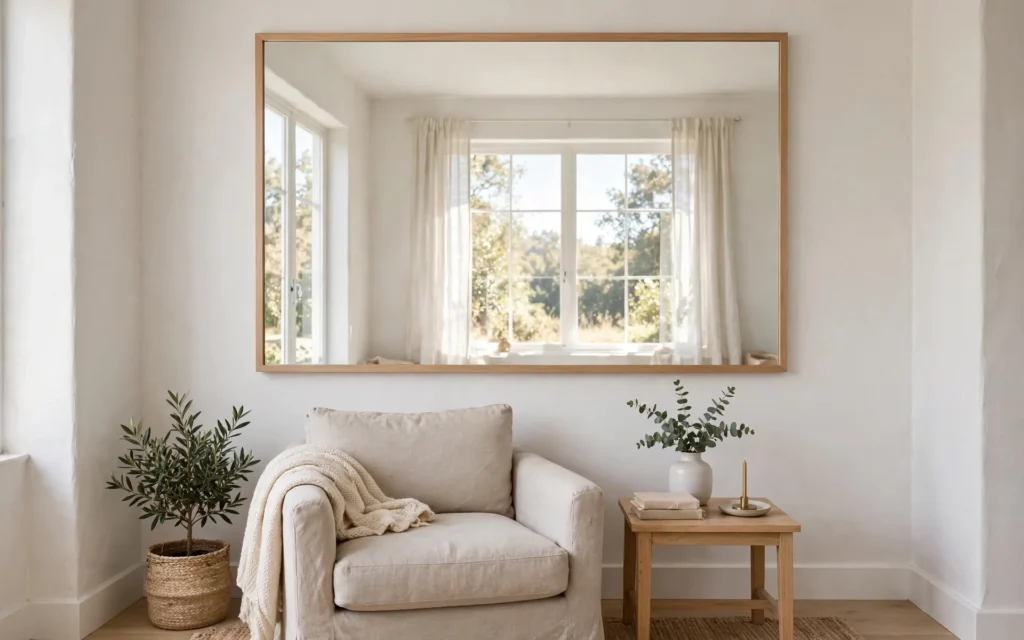 Mirror ideas for small rooms: large rectangular mirror hung opposite a window doubling daylight in a small living room