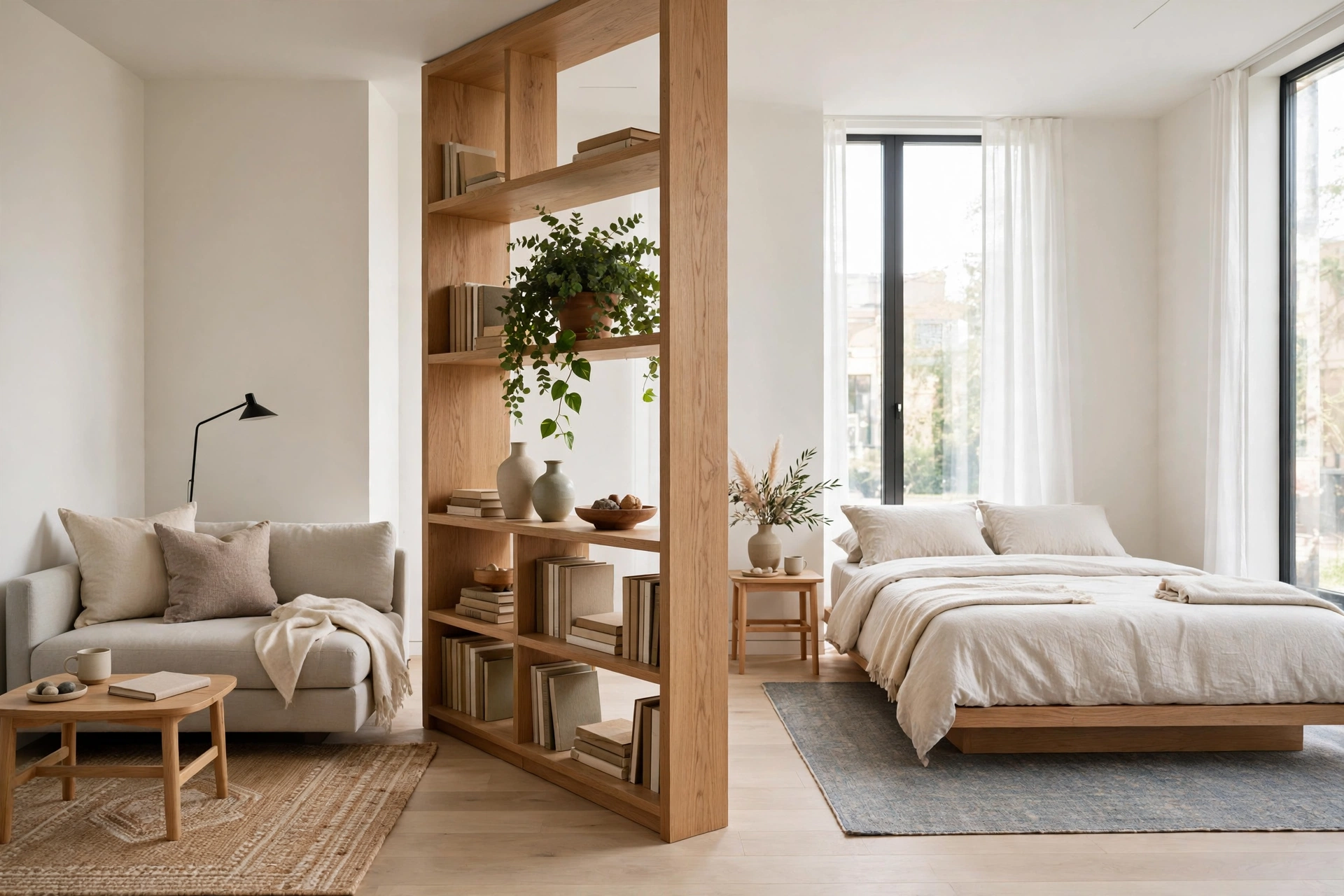 Studio apartment ideas: studio zoned with two area rugs and a low open bookcase divider between the living area and bed