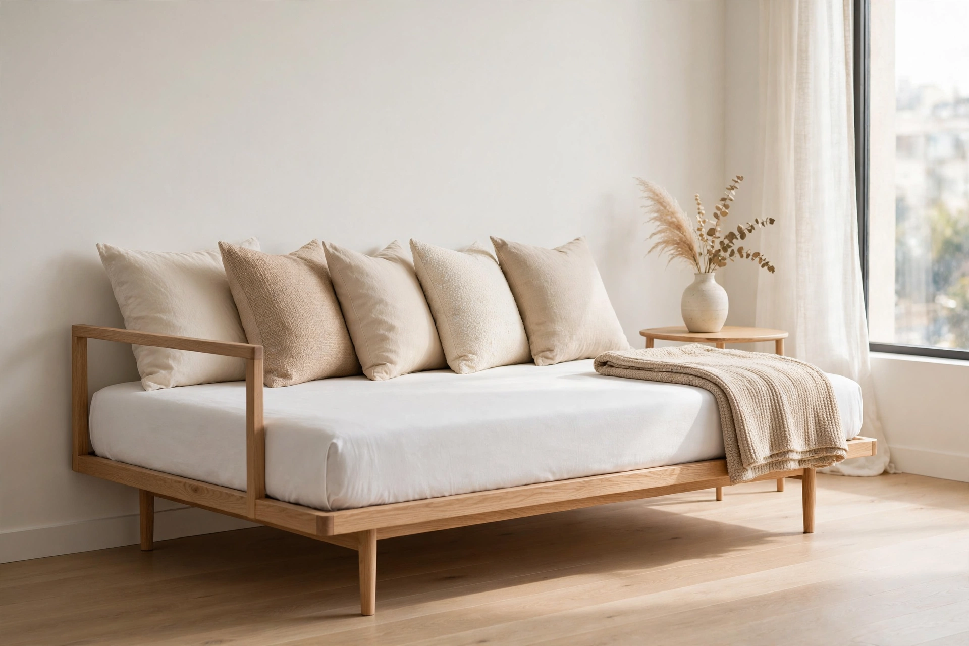 Studio apartment ideas: daybed styled with throw pillows as a sofa in a bright studio apartment