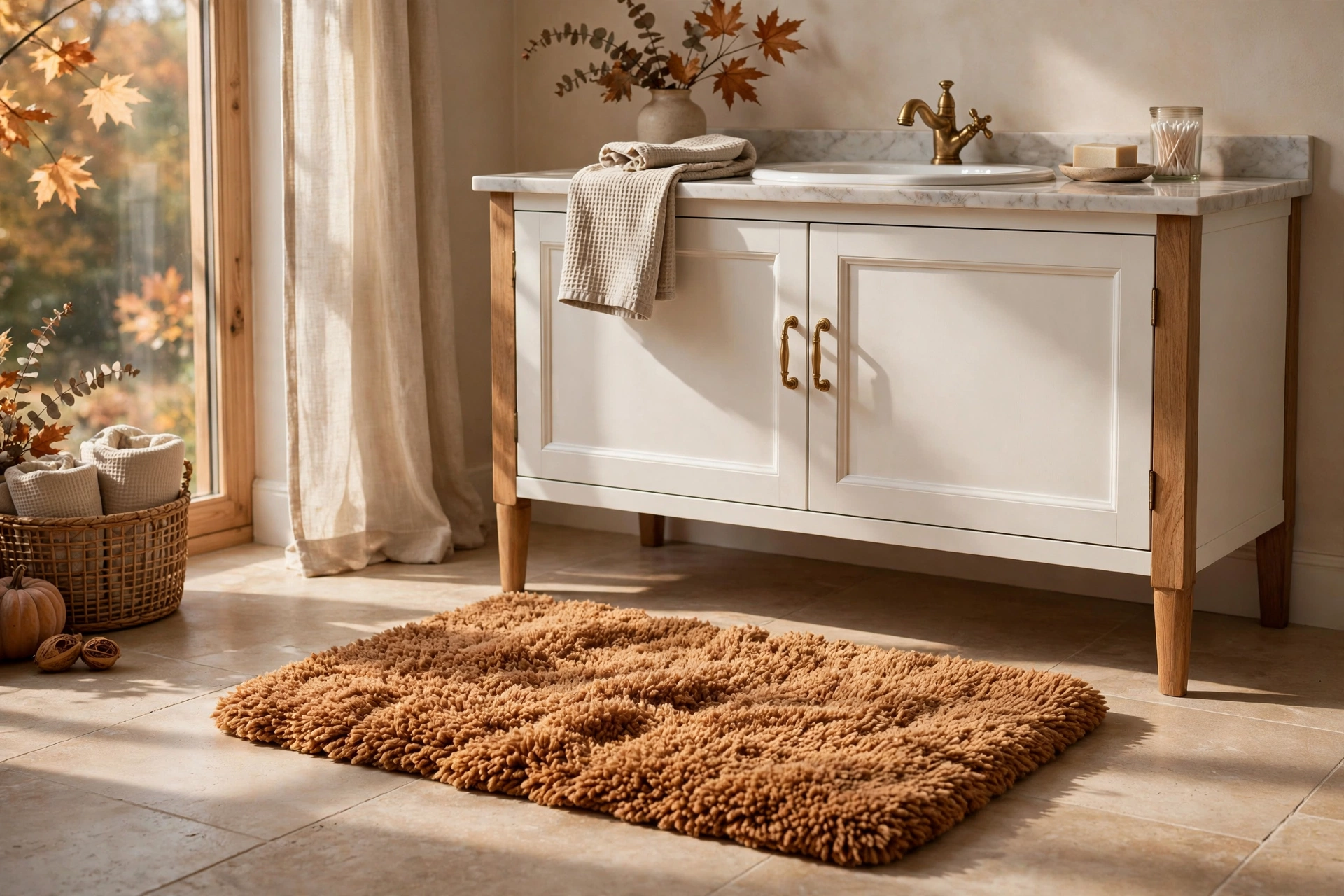 A chunky knit bath mat in warm cream tones brings cozy fall bathroom decor ideas underfoot