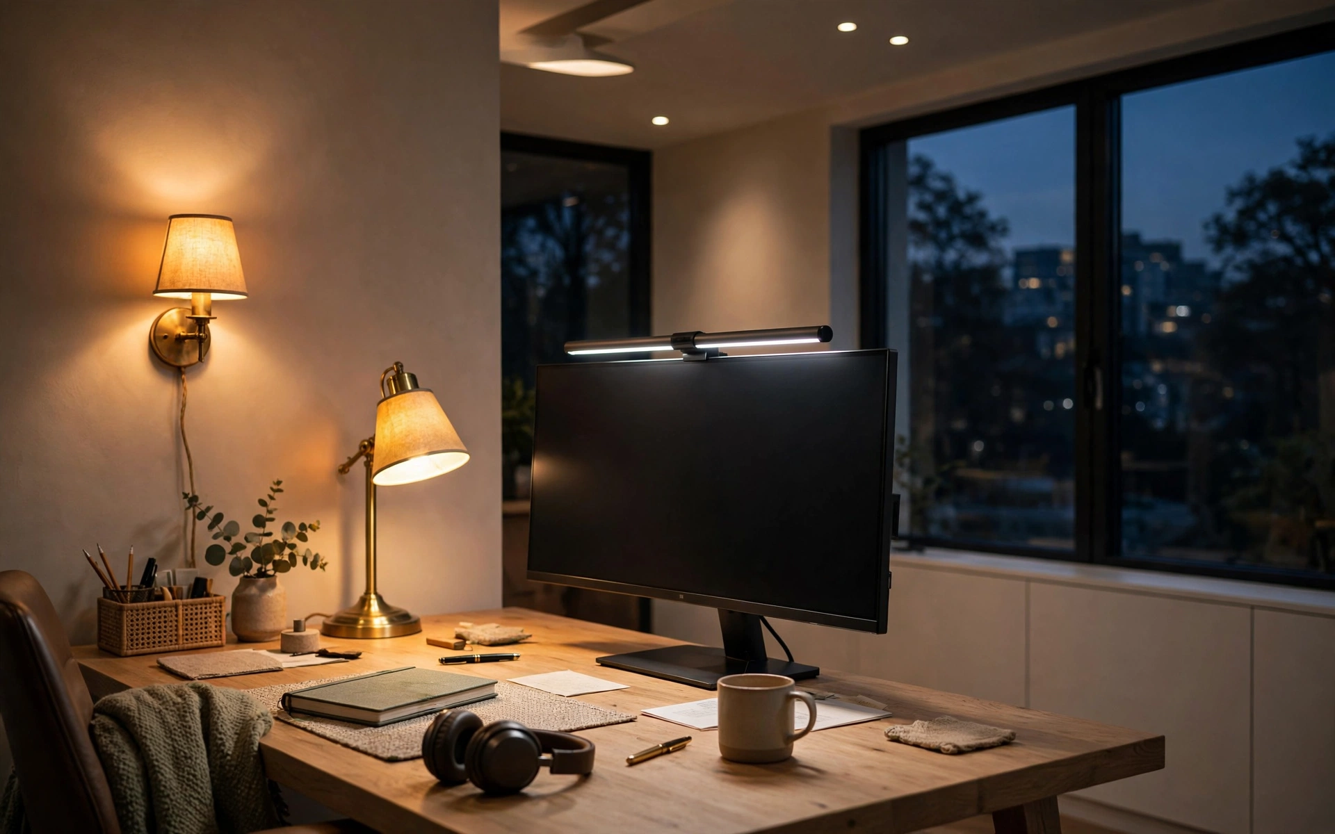 Home office desk setup ideas with layered lighting: monitor light bar, desk lamp, and sconce glow
