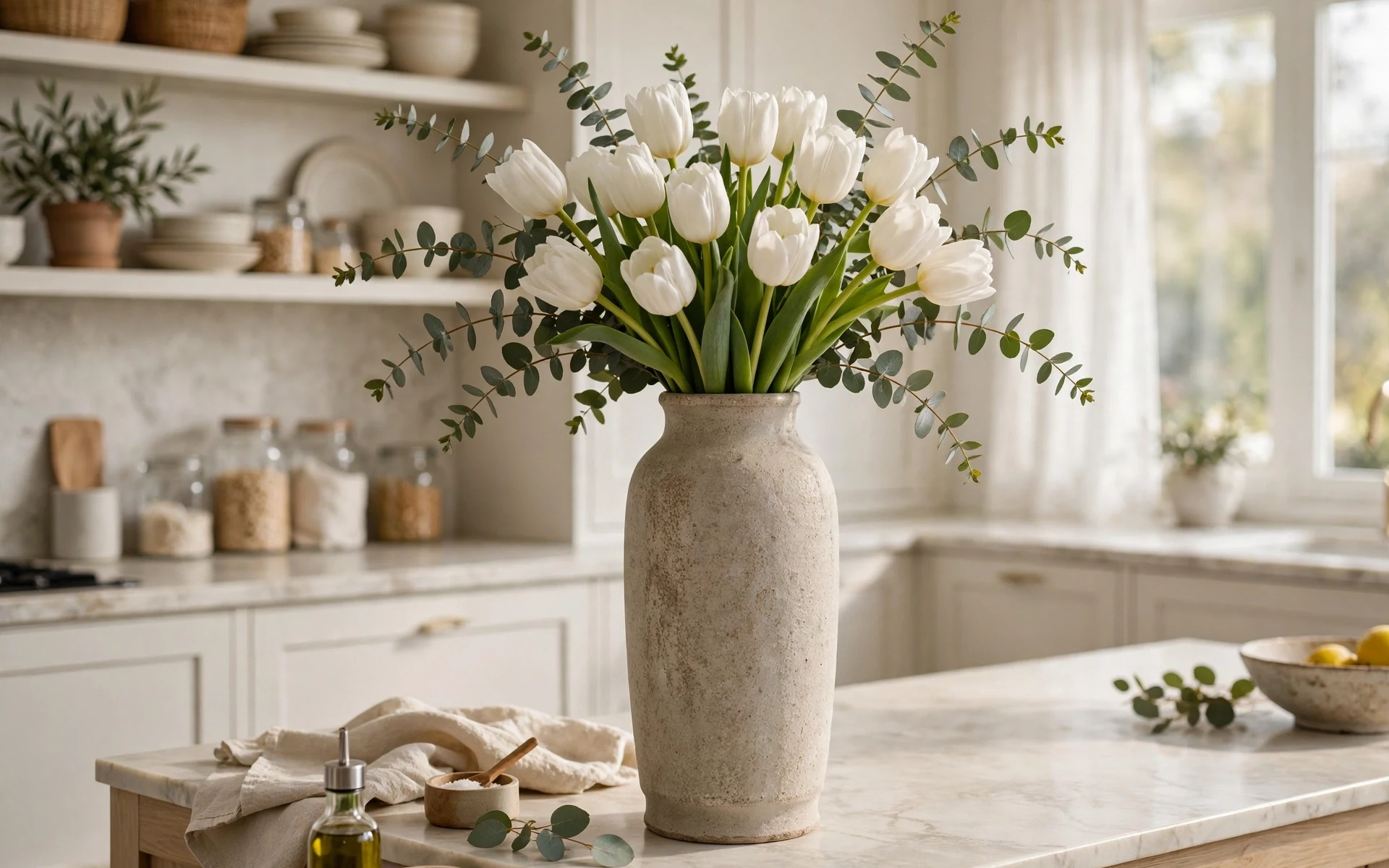 Tall ceramic vase with white tulips and eucalyptus as kitchen island decor ideas in a bright kitchen