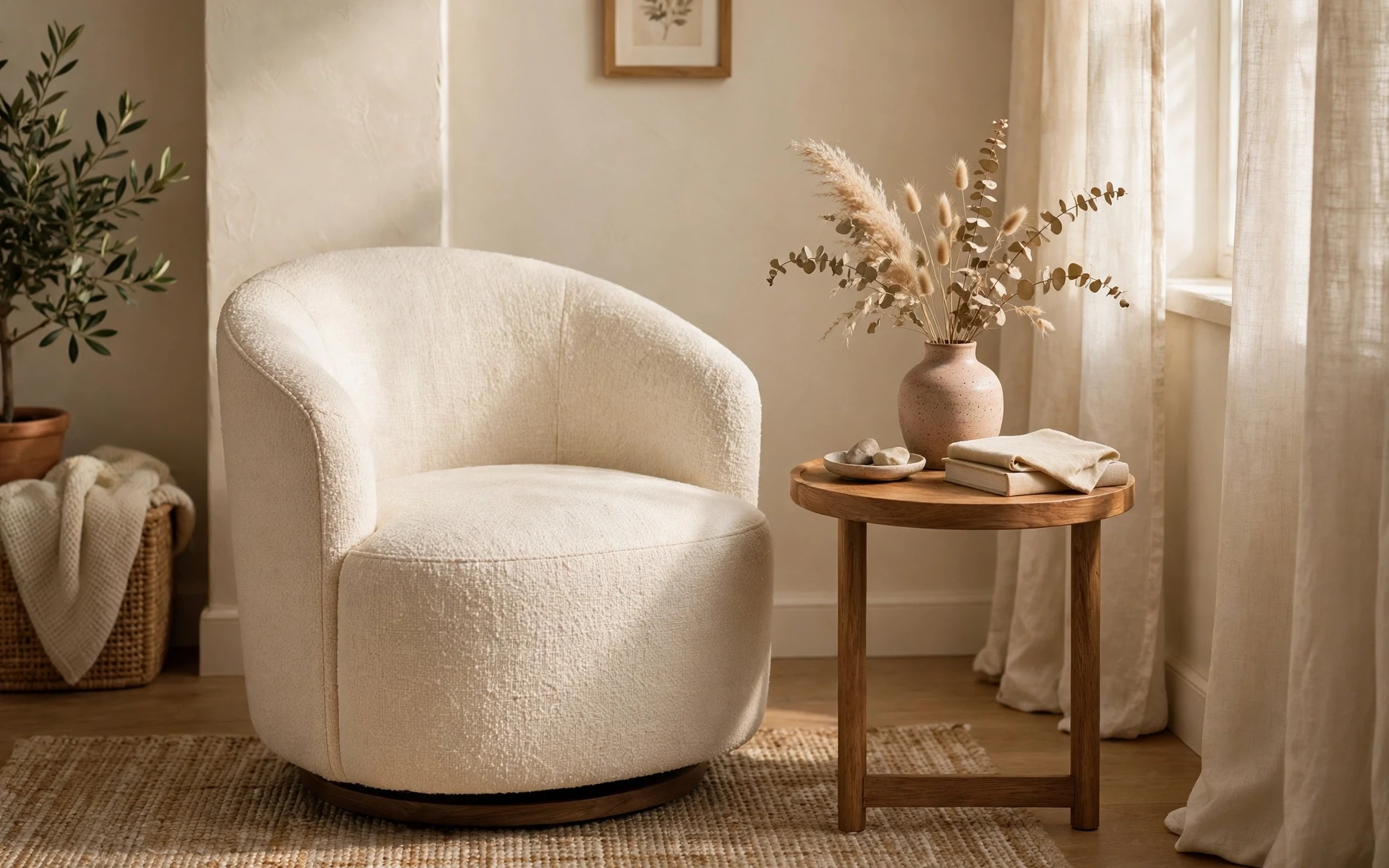Compact barrel swivel chair in textured cream fabric as accent chair ideas beside a small side table