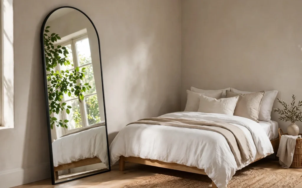 Mirror ideas for small rooms: tall arched full-length mirror leaning in a small bedroom corner