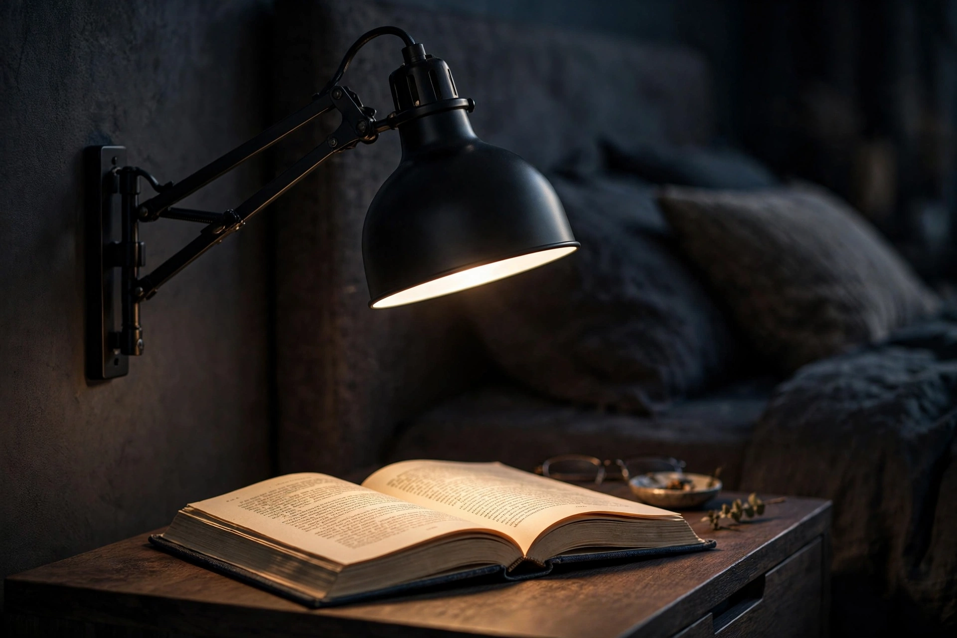 Swing-arm sconce casting light over an open book, reading wall sconce ideas