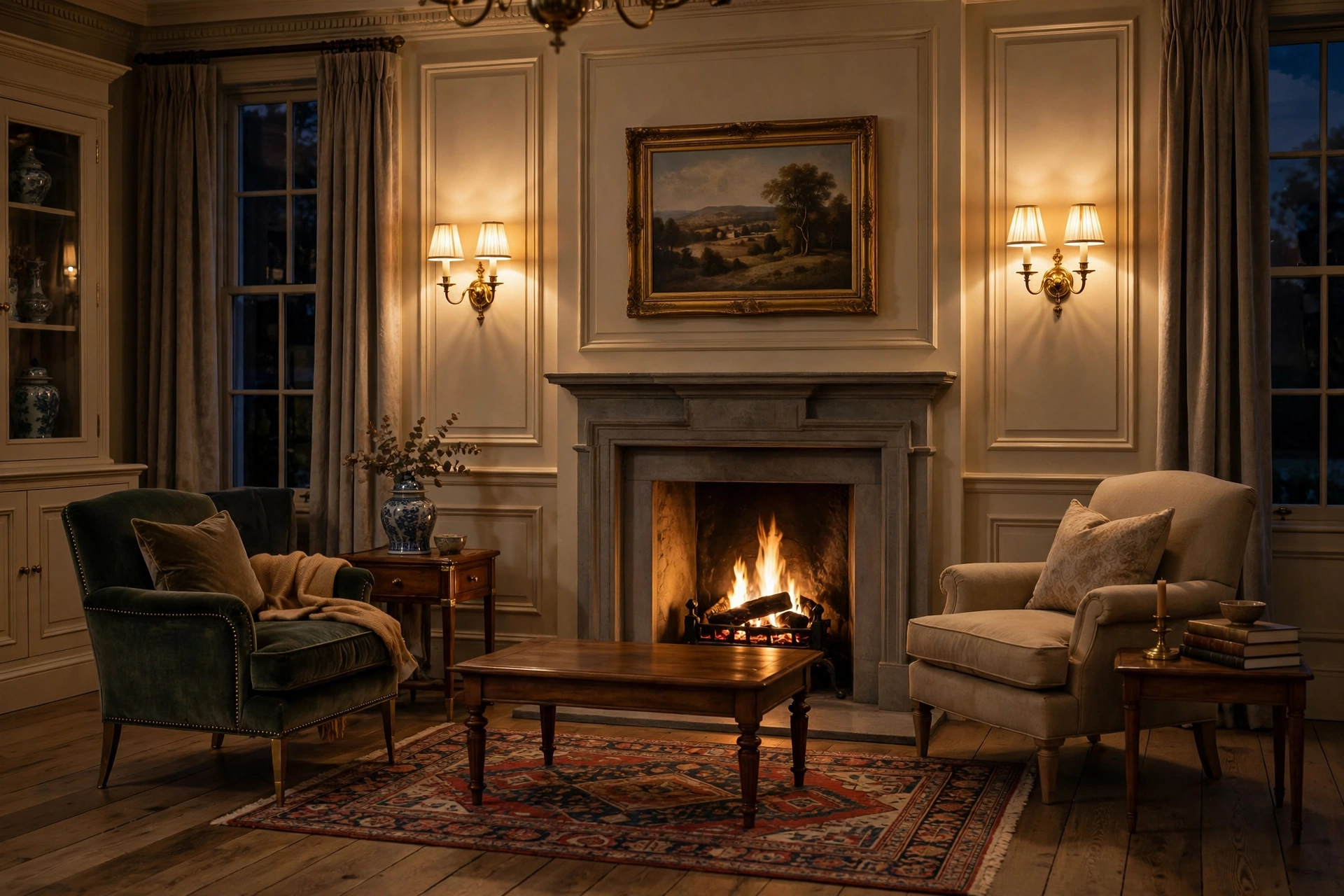 Candle-style sconces glowing in a traditional living room, classic wall sconce ideas