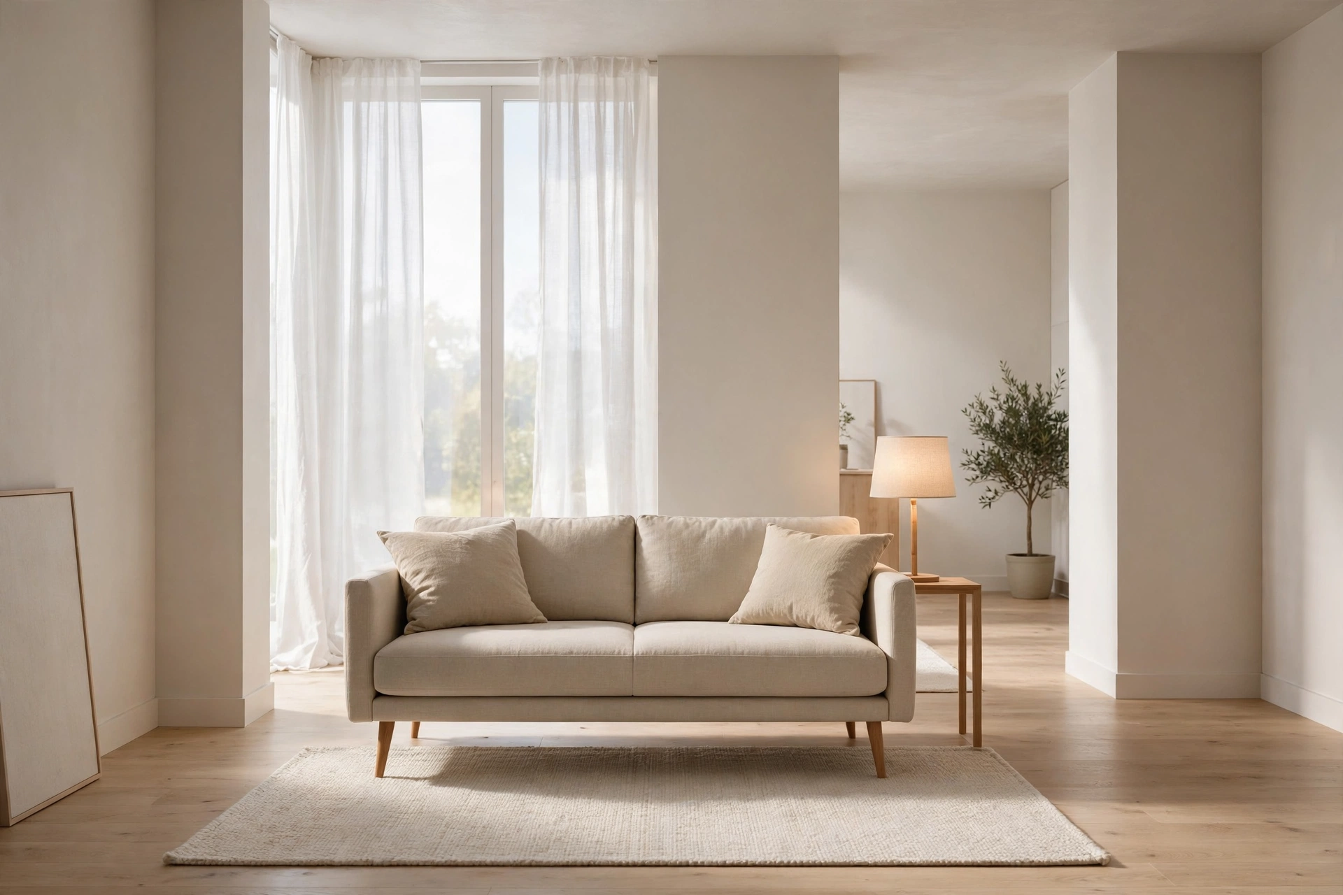 Studio apartment ideas: sofa floated off the wall with visible legs and a clear walkway in a small studio living area