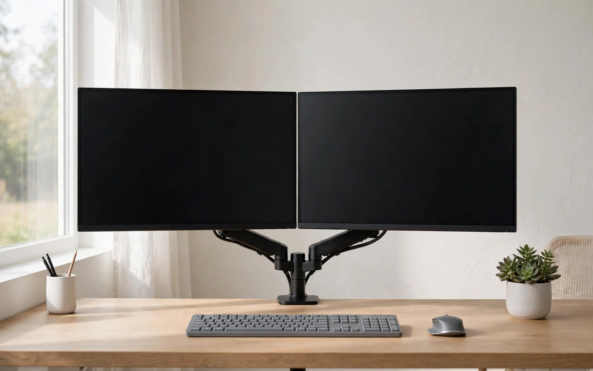 Home office desk setup ideas with dual monitors on an arm above a clean desk