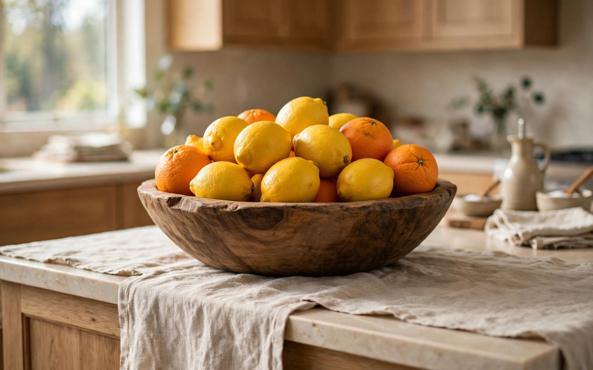Large wooden bowl filled with lemons and oranges as kitchen island decor ideas on a kitchen island