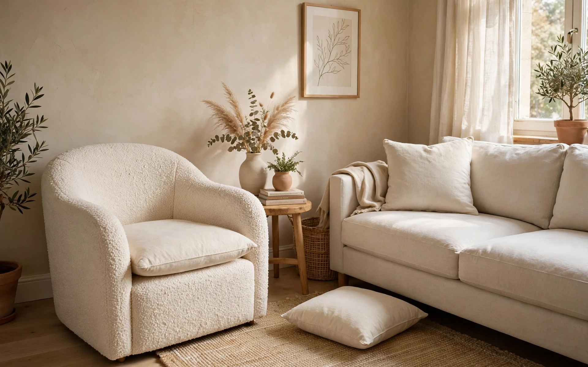 Cream boucle accent chair with a plain cushion as accent chair ideas adding texture to a small living room
