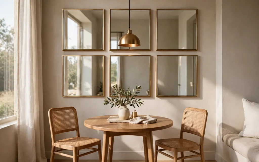 Mirror ideas for small rooms: grid gallery wall of square mirrors in a small dining nook
