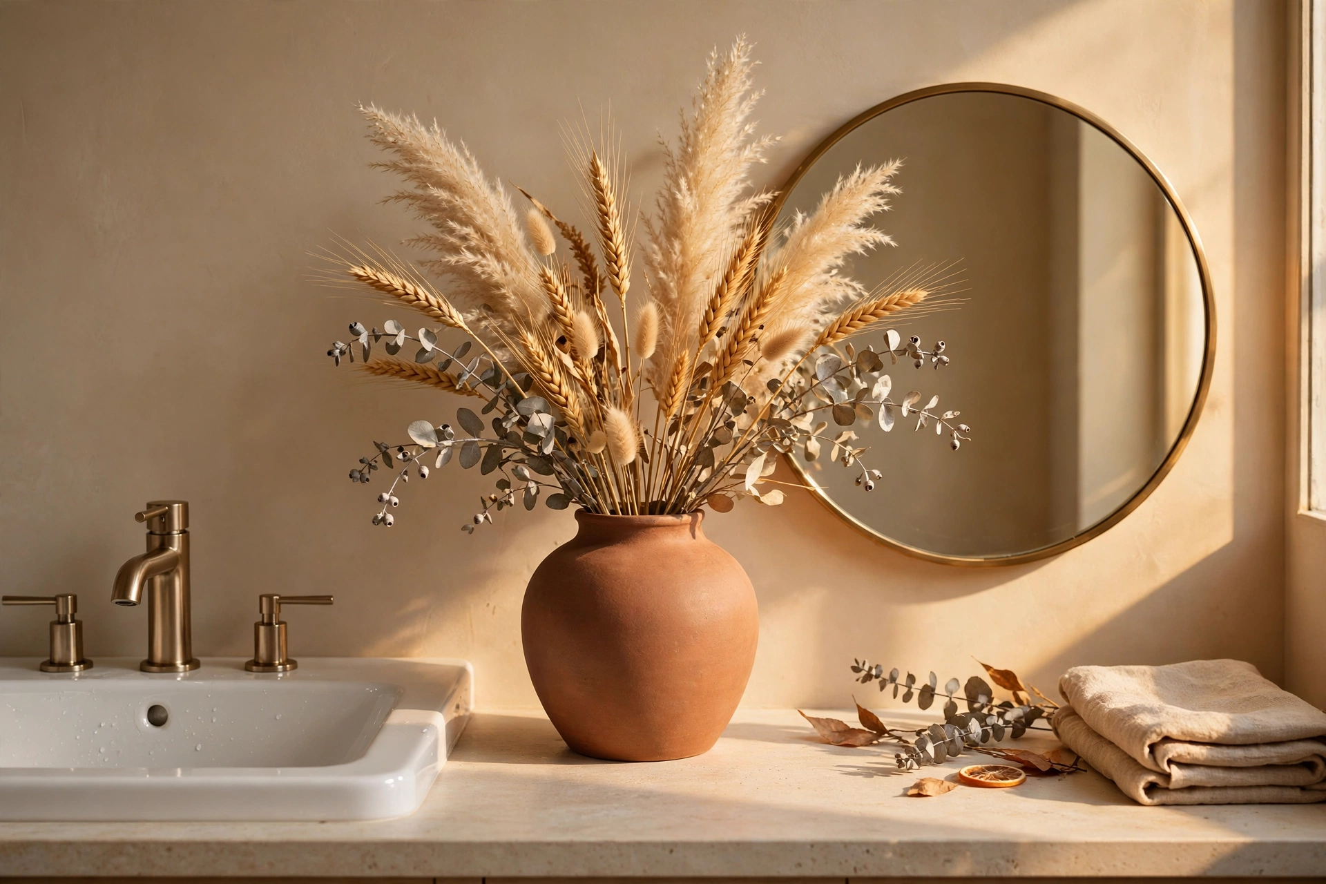Dried wheat and pampas grass in a stoneware vase are long-lasting fall bathroom decor ideas