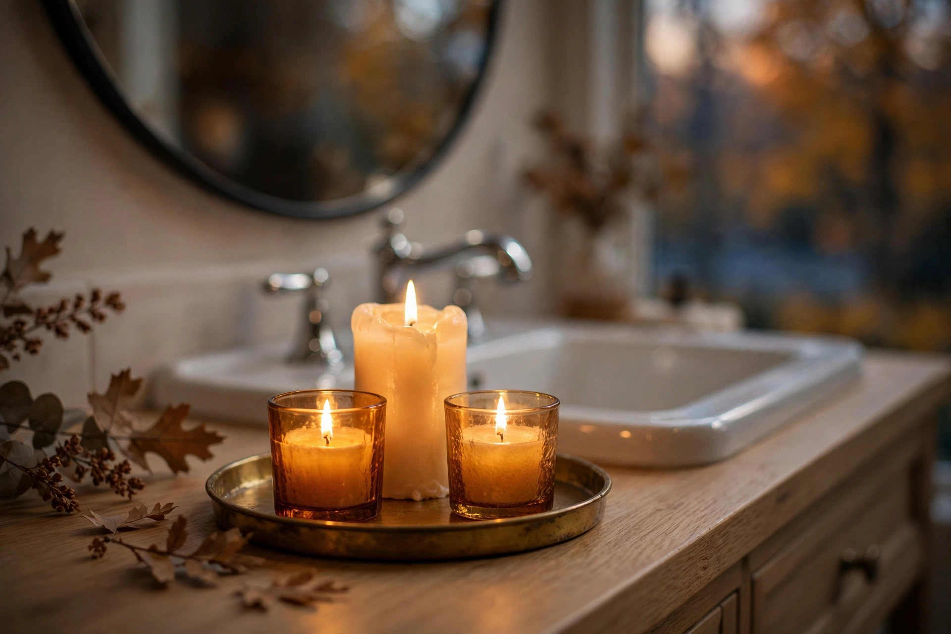 Clustered amber candles glowing at dusk are classic fall bathroom decor ideas for warm evening light