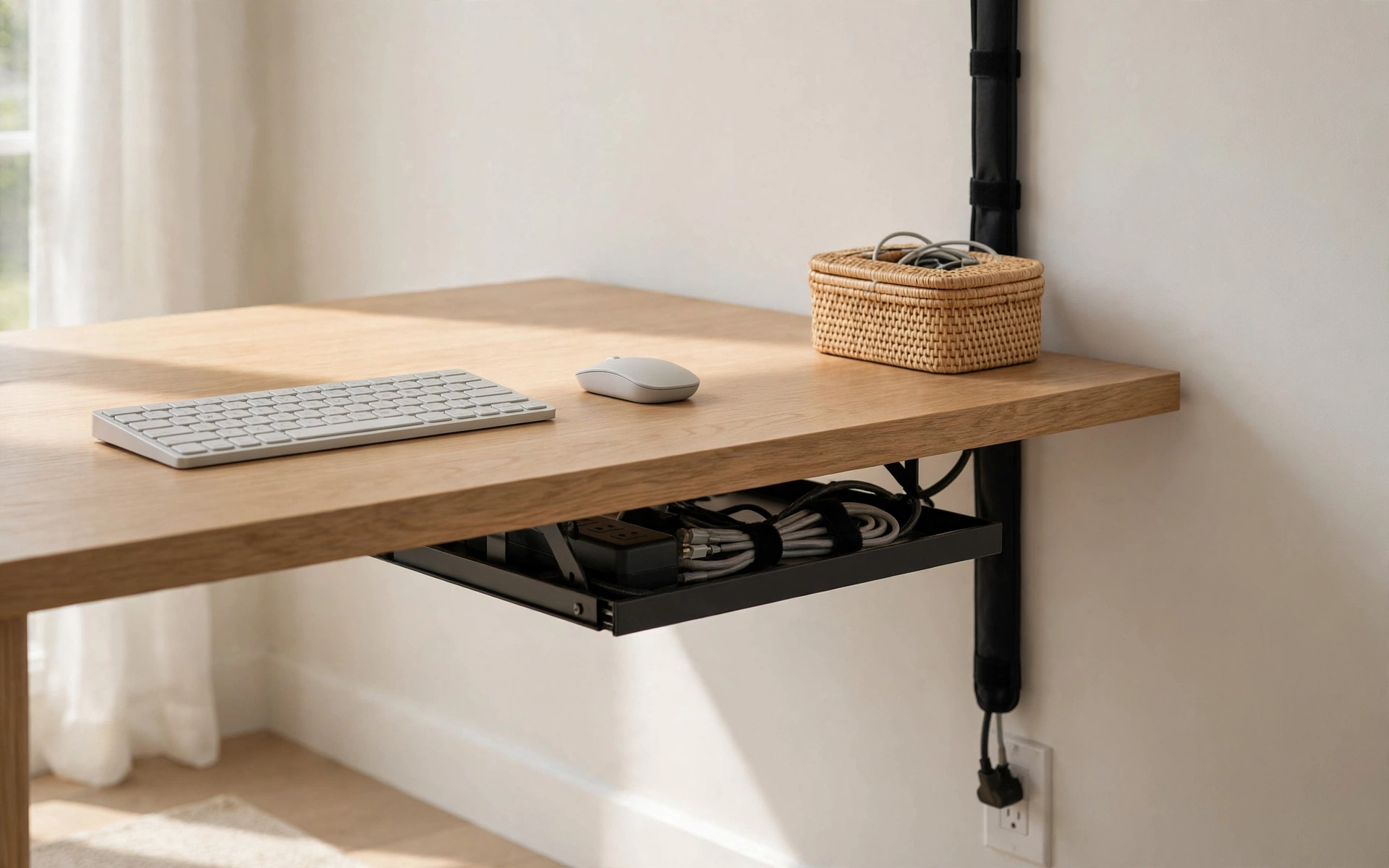 Home office desk setup ideas with hidden cables: under-desk tray and wireless accessories