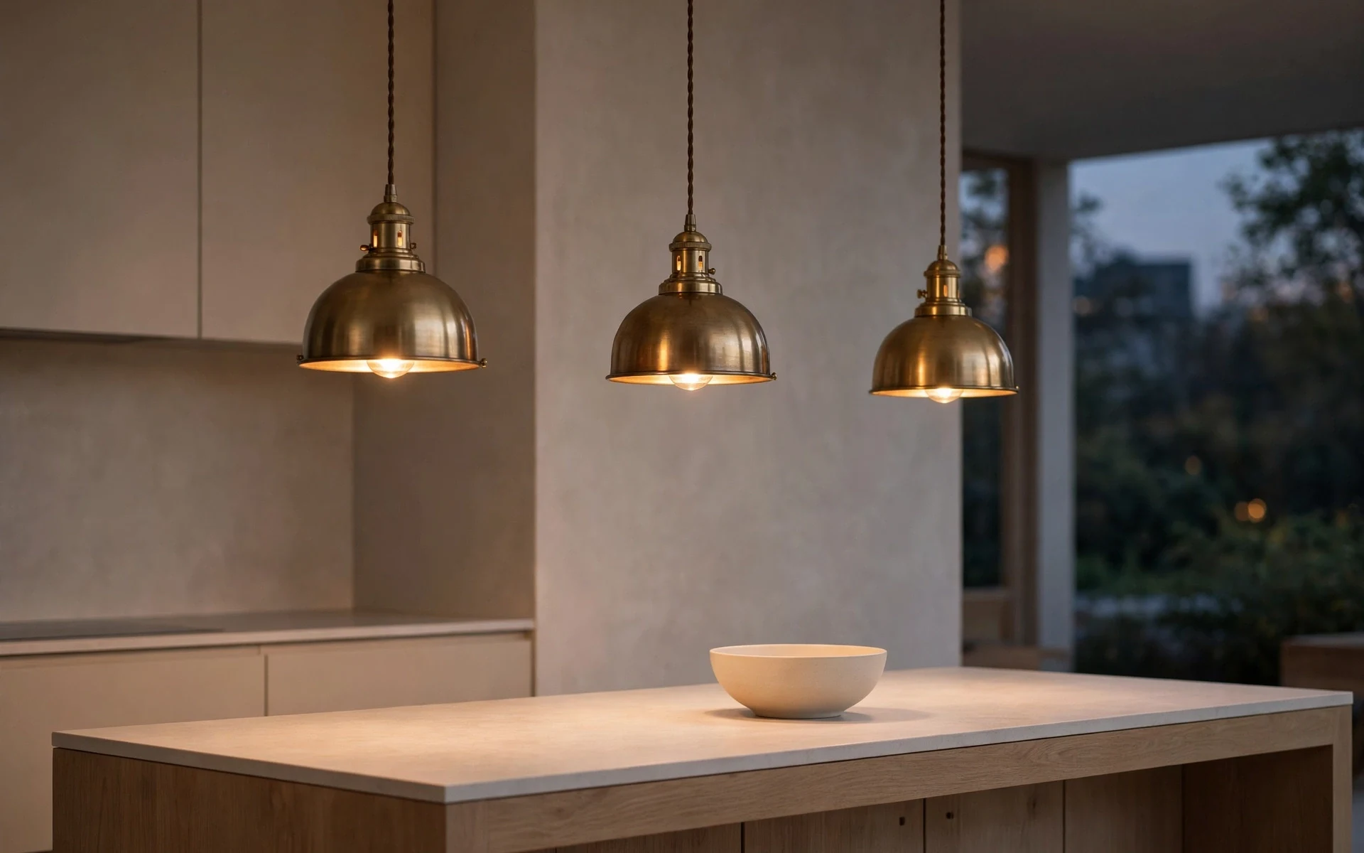 Three brass pendant lights hanging above an island styled with kitchen island decor ideas and a single ceramic bowl