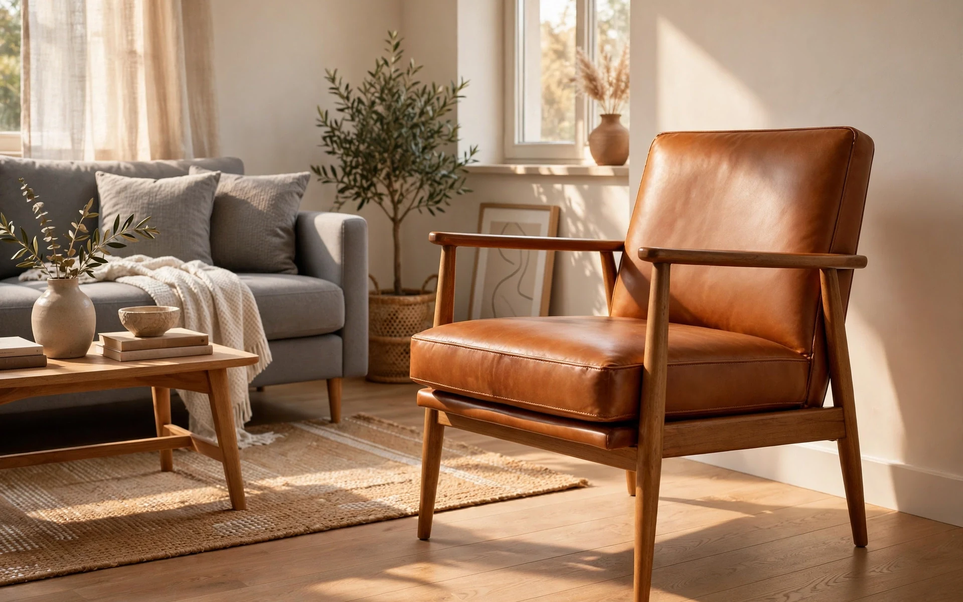 Cognac leather accent chair with slim arms and tapered legs as accent chair ideas for warm contrast
