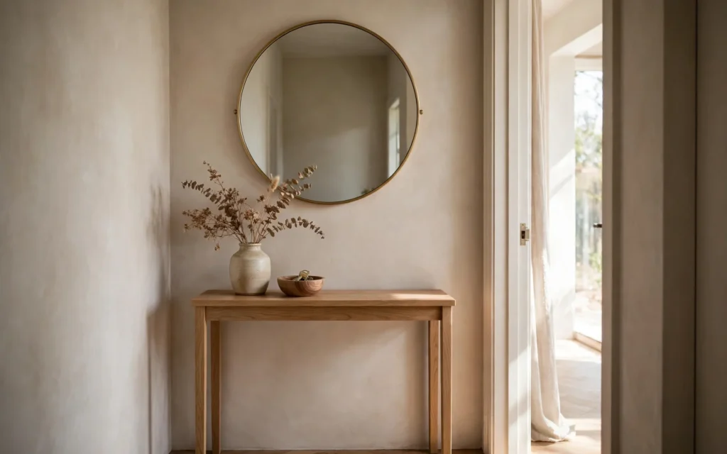 Mirror ideas for small rooms: round mirror over a slim console table in a narrow entryway