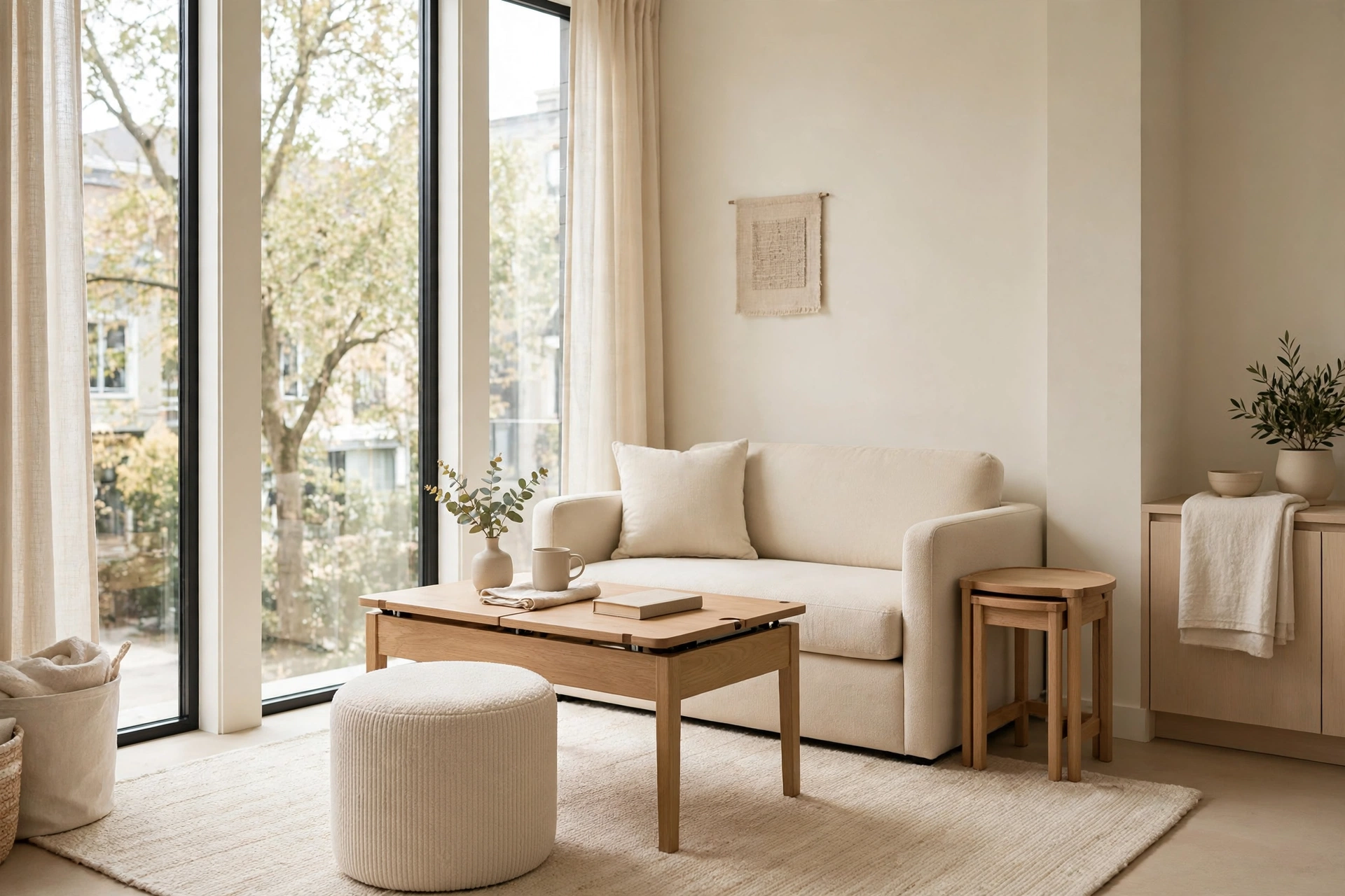 Studio apartment ideas: storage ottoman, lift-top coffee table, and nesting tables in a compact studio living zone