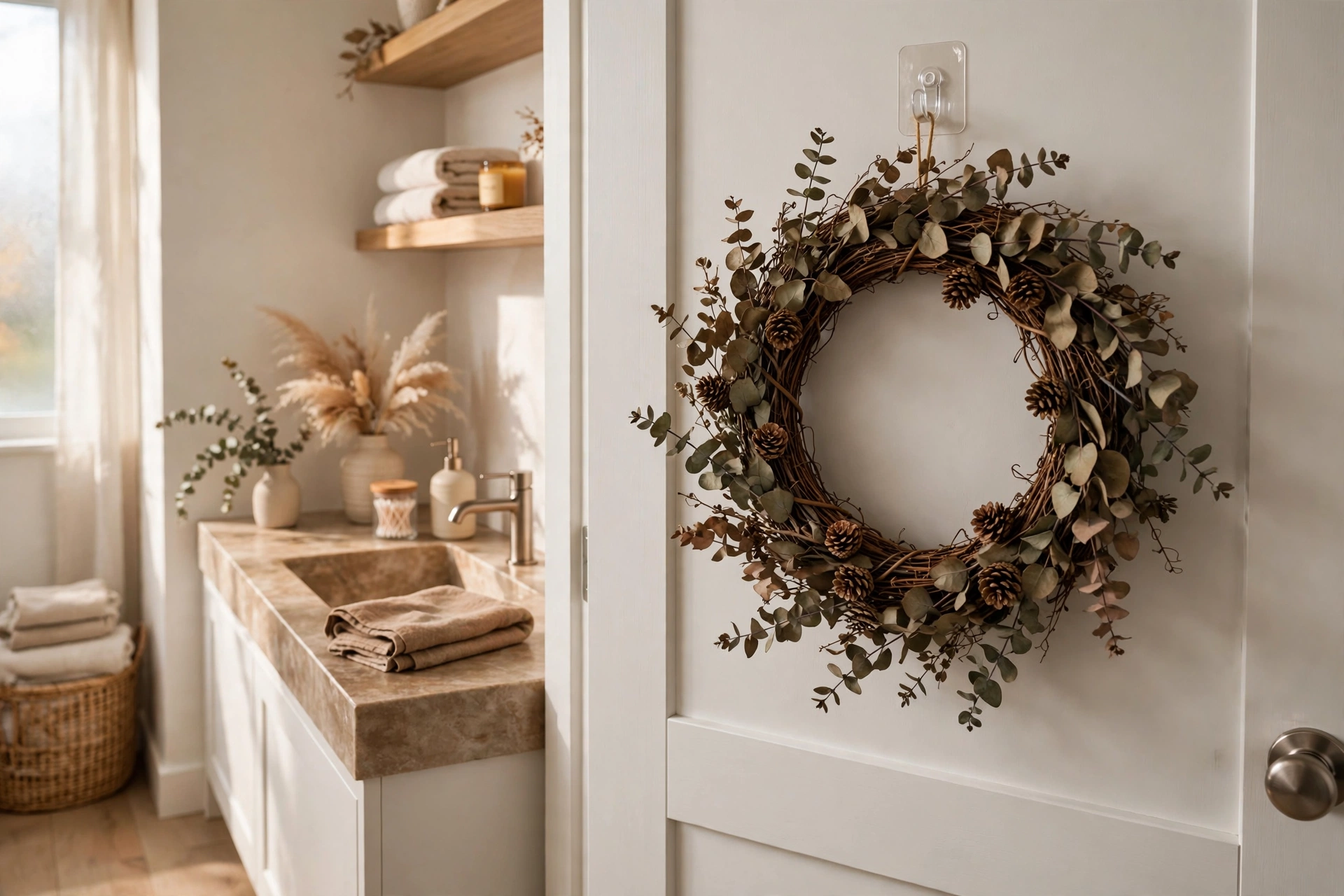 A small eucalyptus and pumpkin wreath on the bathroom door is a charming seasonal take on fall bathroom decor ideas