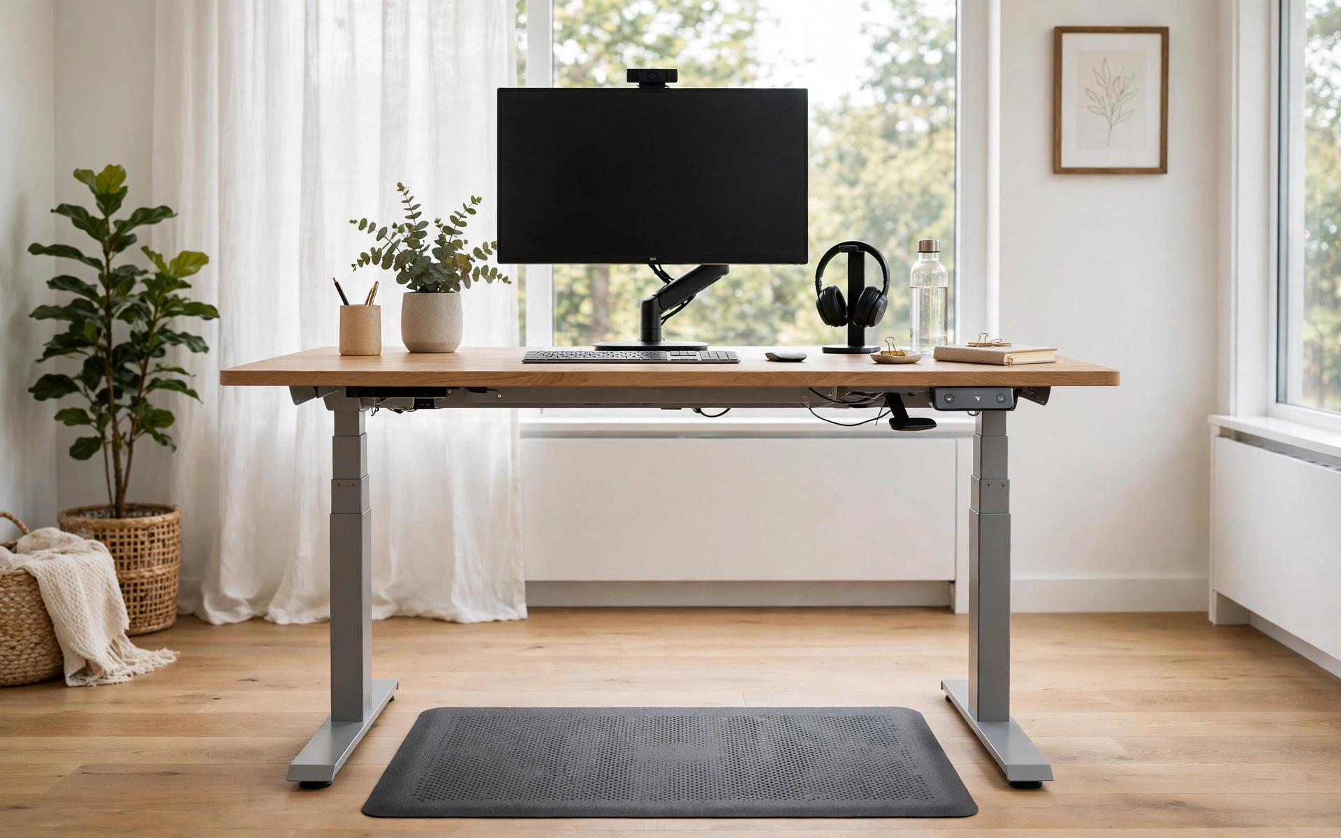 Home office desk setup ideas with a sit-stand desk in standing position and anti-fatigue mat