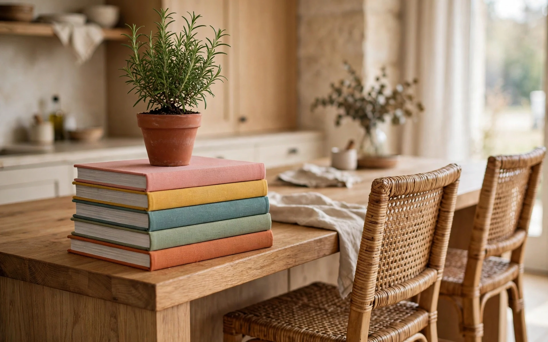 Stack of cookbooks topped with a potted rosemary plant as kitchen island decor ideas beside bar stools