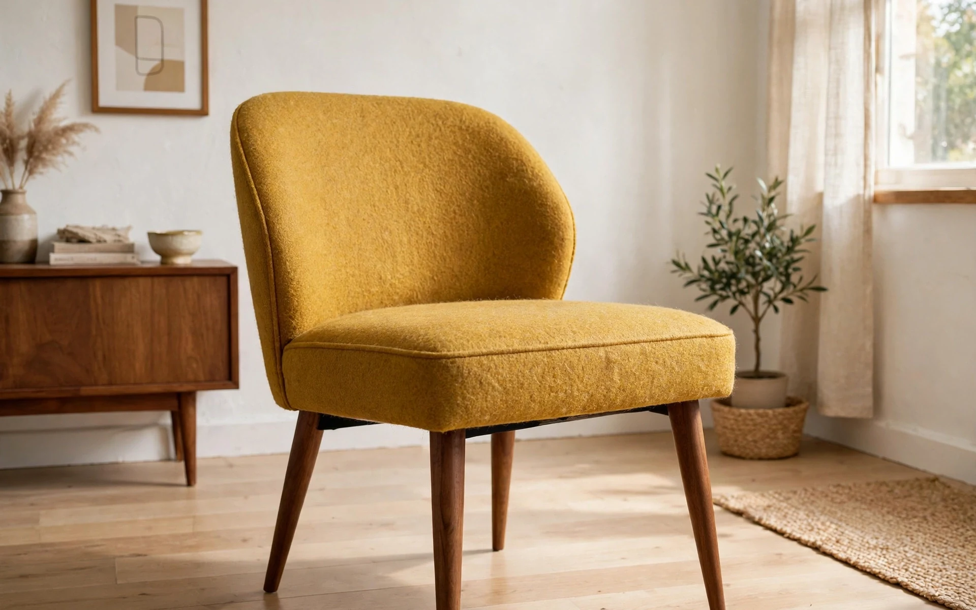 Mid-century accent chair with tapered walnut legs as accent chair ideas that keep a small room airy
