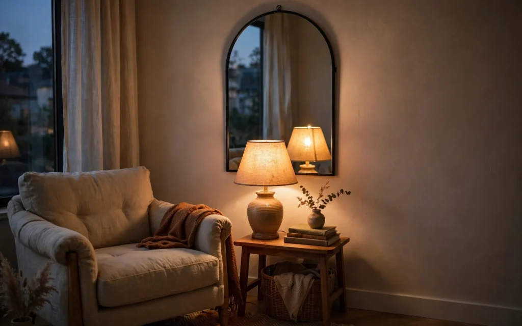 Mirror ideas for small rooms: mirror hung behind a table lamp doubling warm light in a dark corner