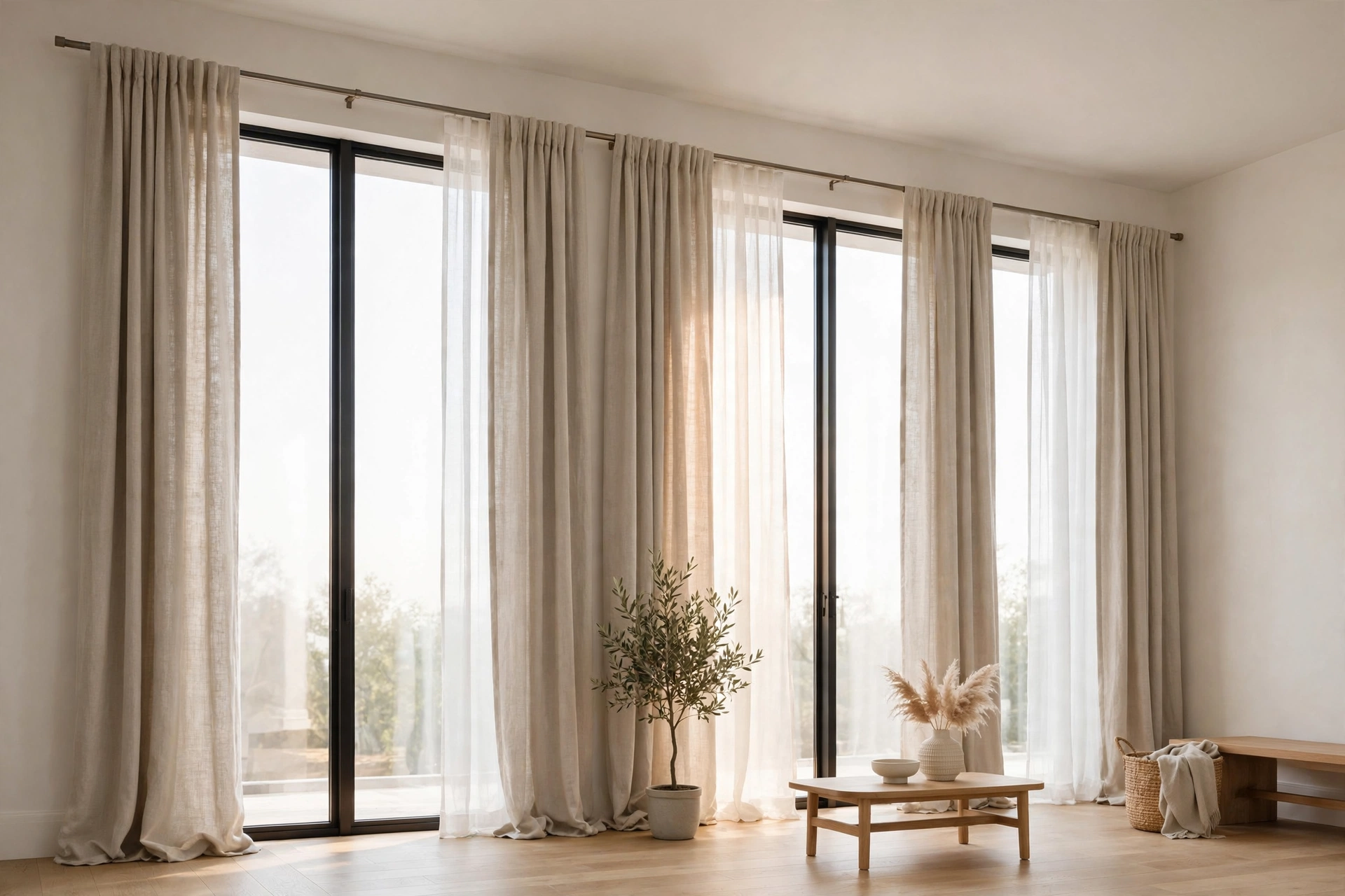Studio apartment ideas: floor-to-ceiling curtains mounted high and wide beside tall windows in a studio apartment