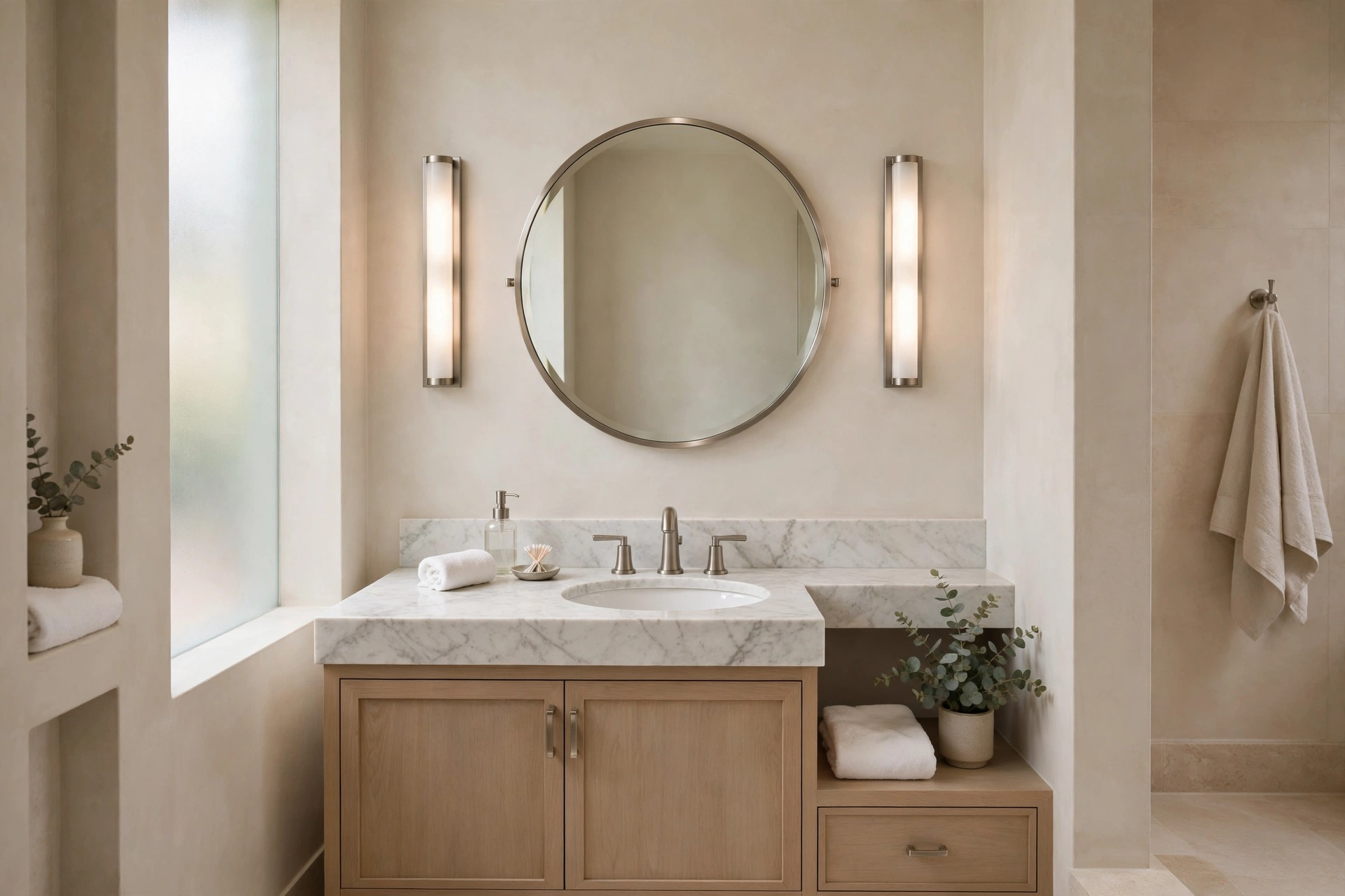 Sconces flanking a bathroom mirror, small bathroom wall sconce ideas