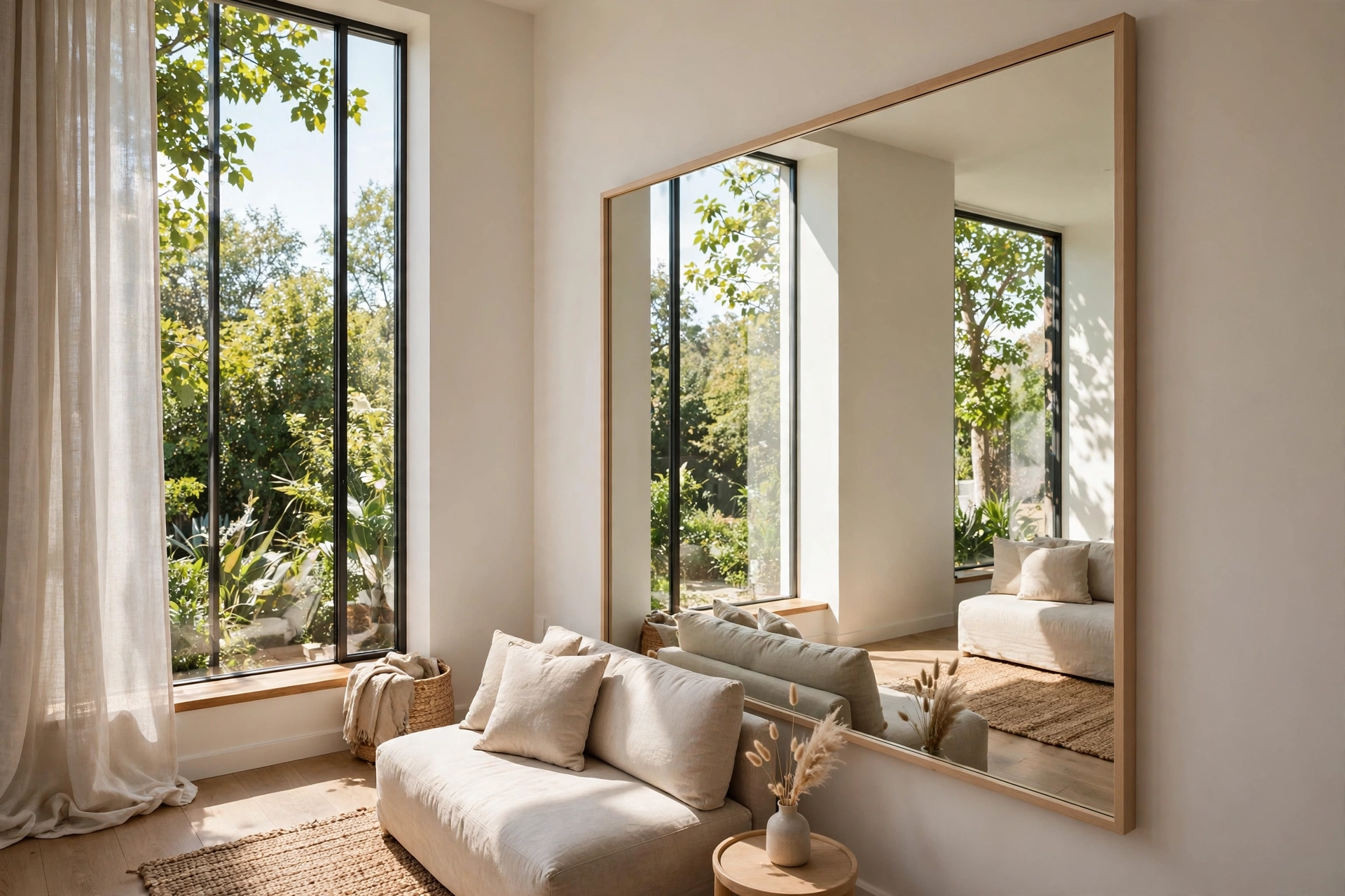 Studio apartment ideas: oversized mirror opposite a window doubling daylight in a compact studio apartment