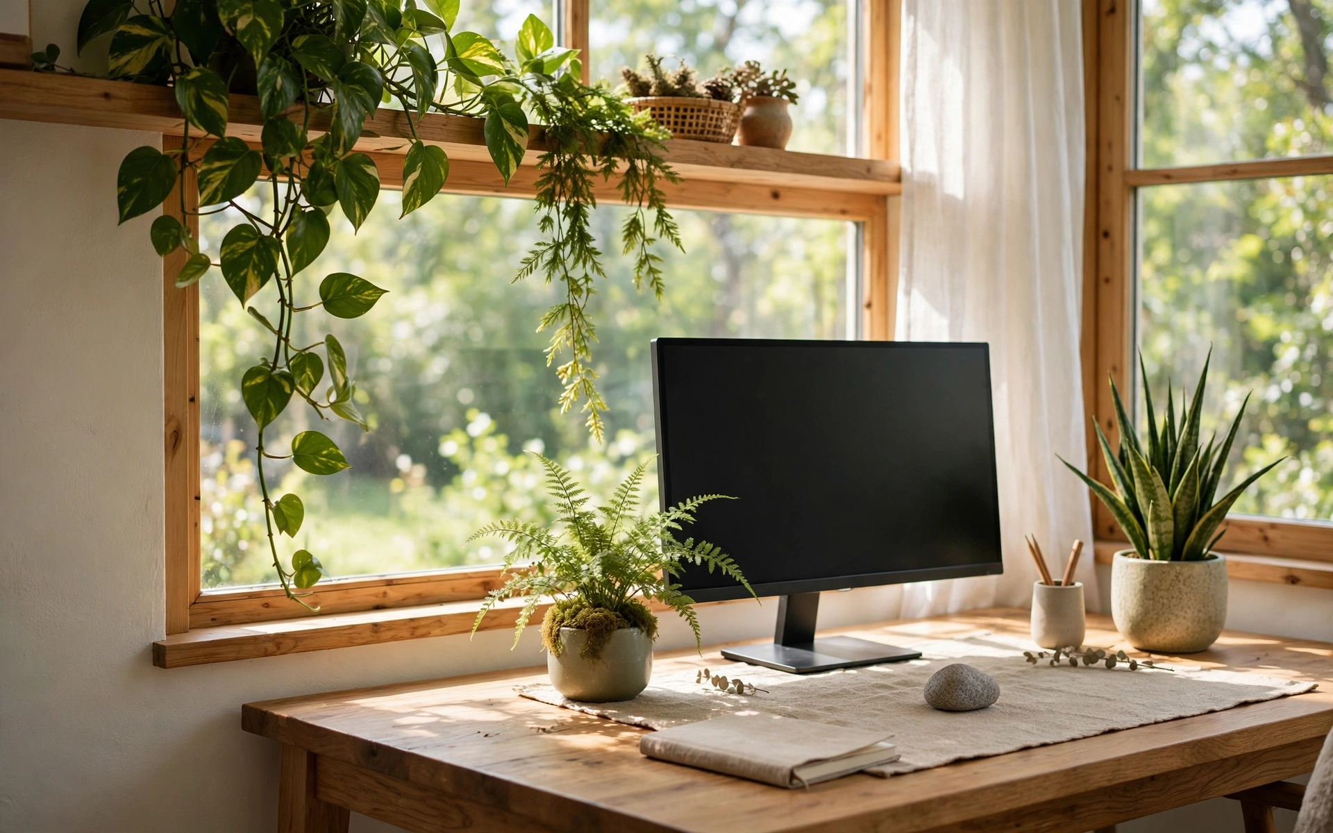 Home office desk setup ideas with plants: green desk by a bright window with wood tones
