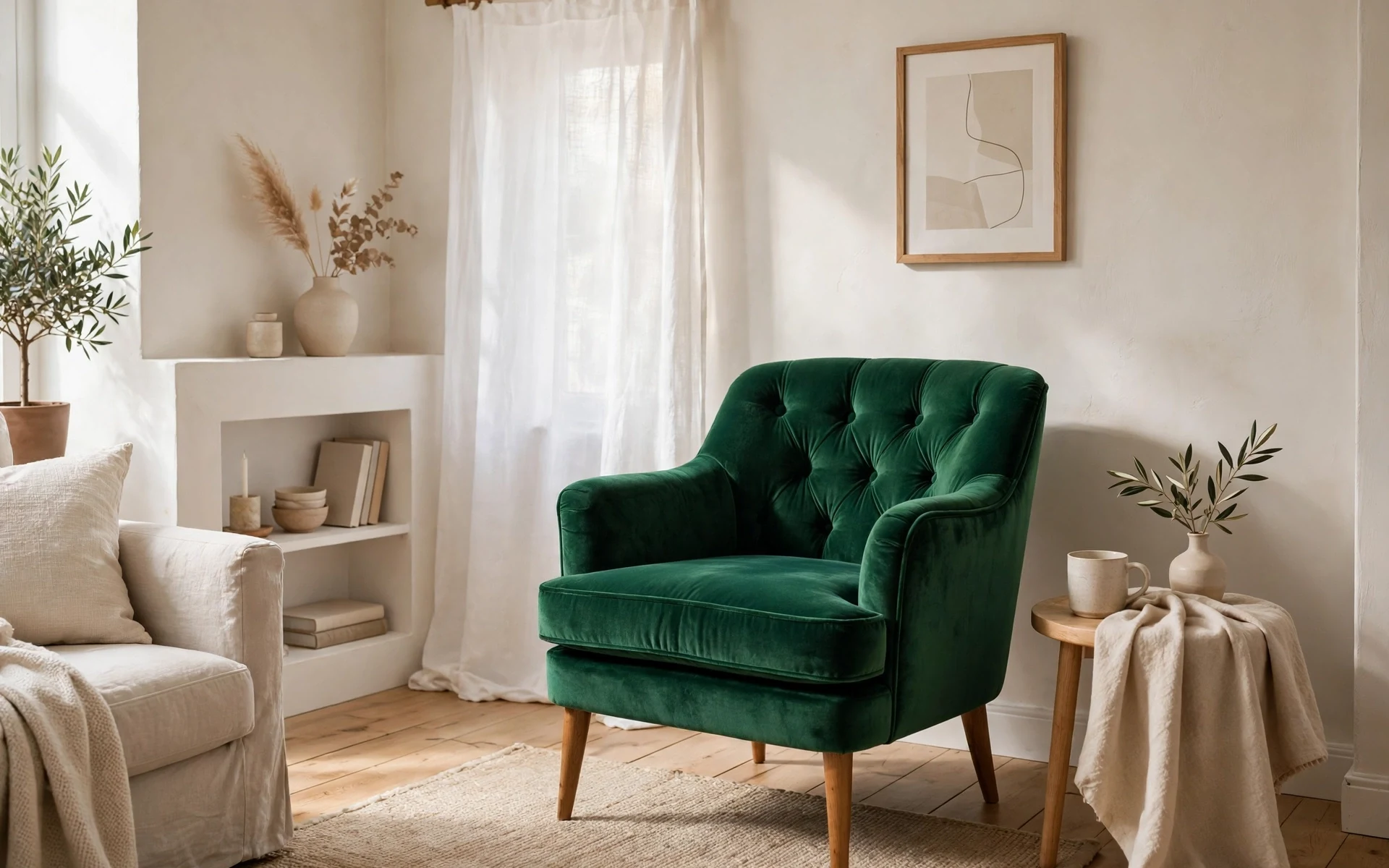 Emerald velvet accent chair as bold accent chair ideas in a neutral small living room