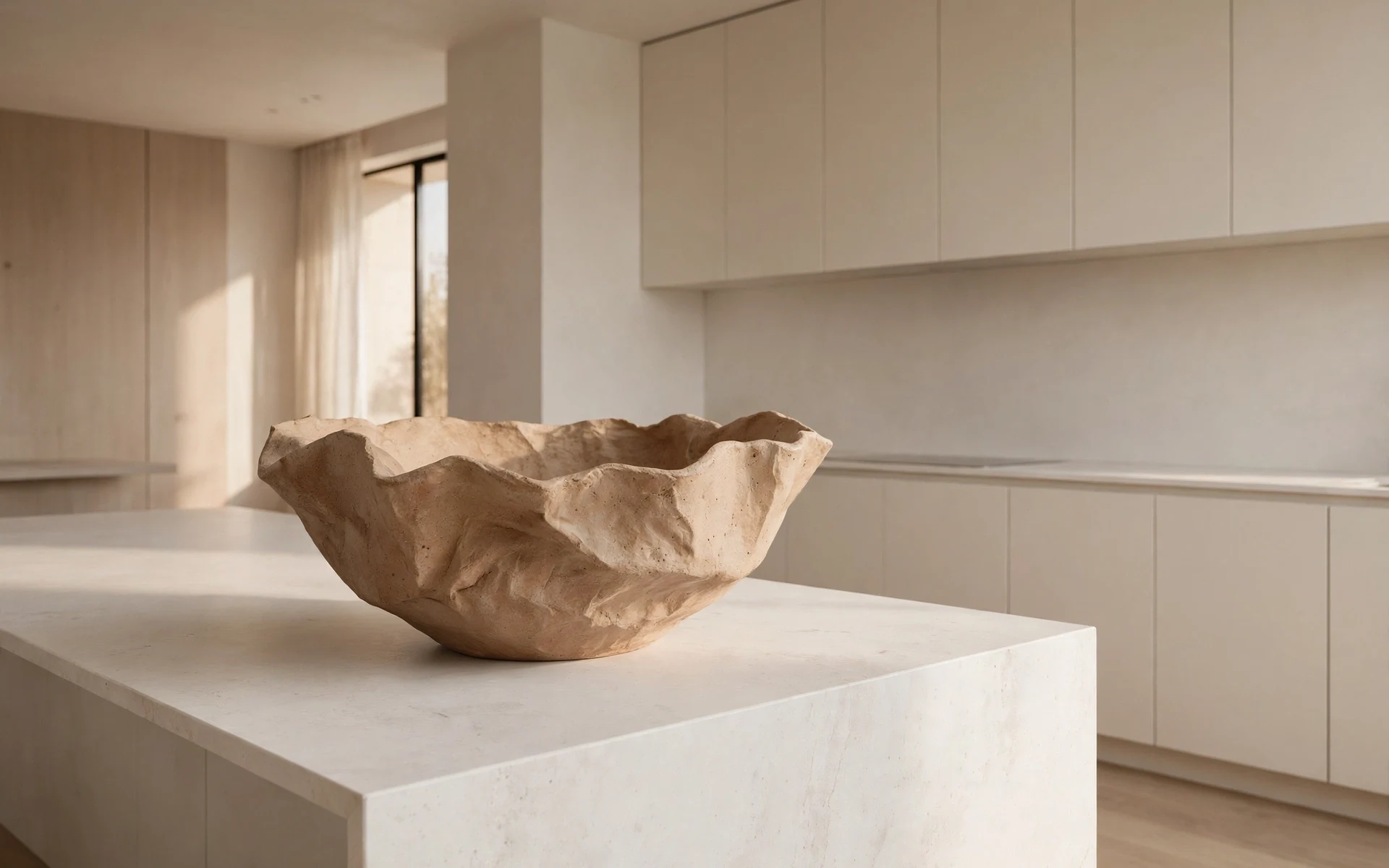 Single sculptural ceramic bowl on a clear modern island as minimalist kitchen island decor ideas