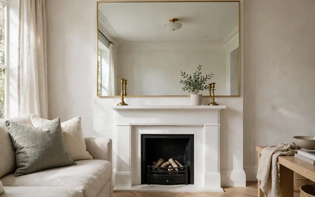 Mirror ideas for small rooms: oversized mirror above a small fireplace mantel in a compact living room