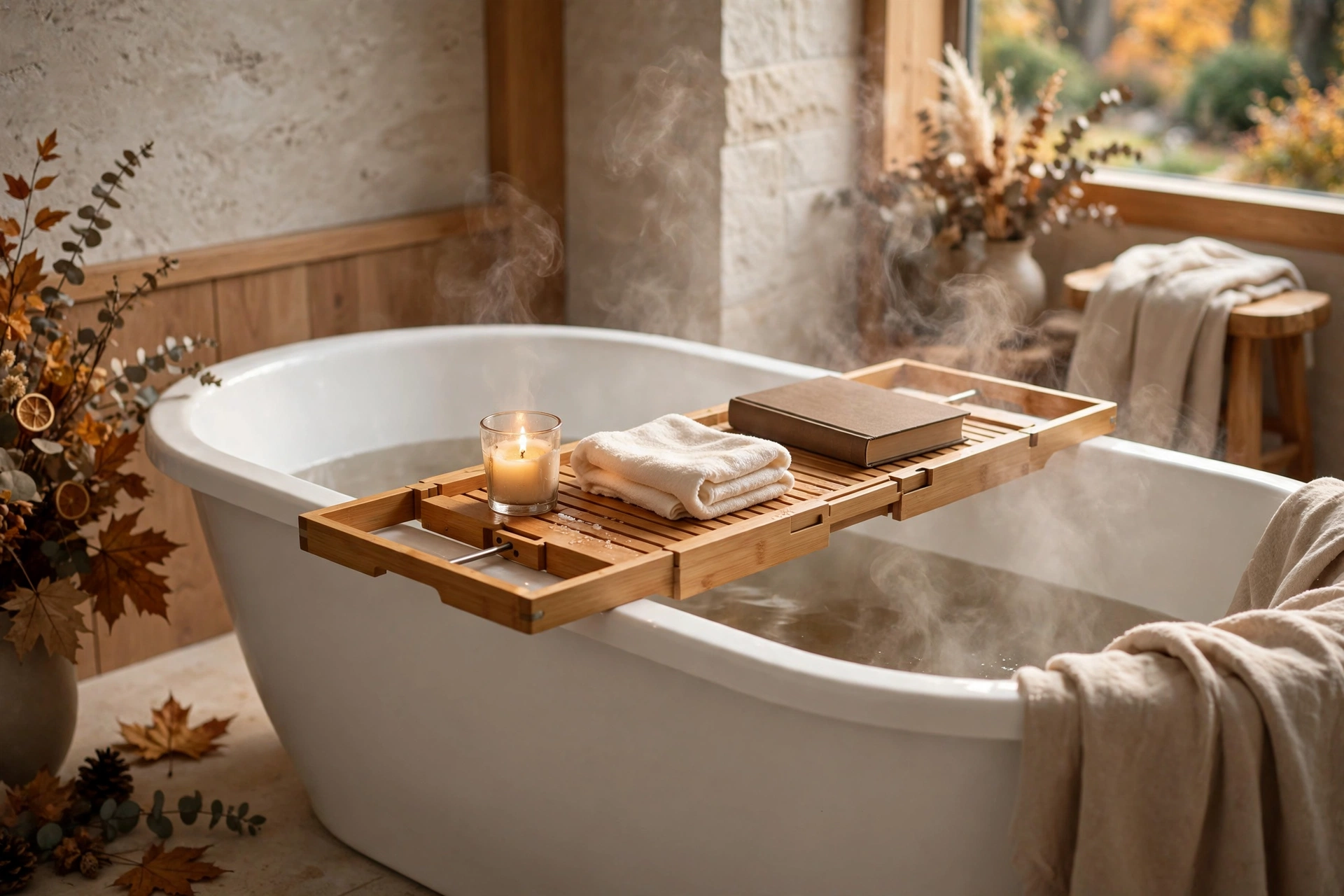 A styled wooden bath caddy across the tub is one of the most inviting fall bathroom decor ideas