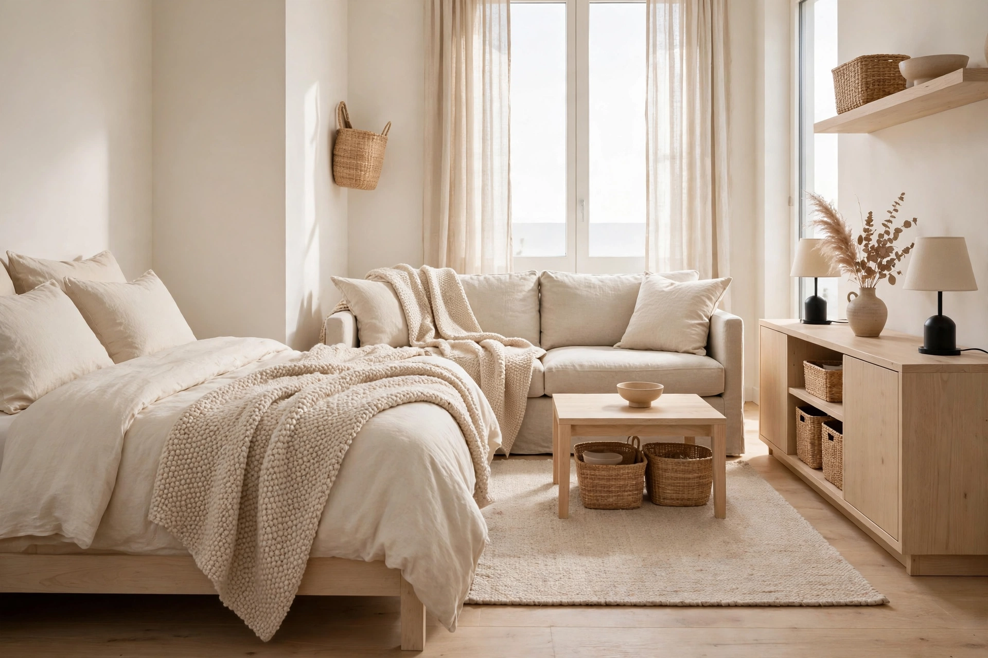 Studio apartment ideas: studio in a tonal light palette with cream bedding, beige upholstery, and warm white walls