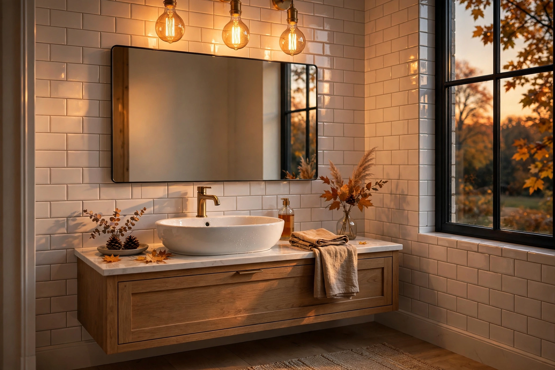 Woven seagrass baskets holding rolled towels are practical fall bathroom decor ideas that add warm texture