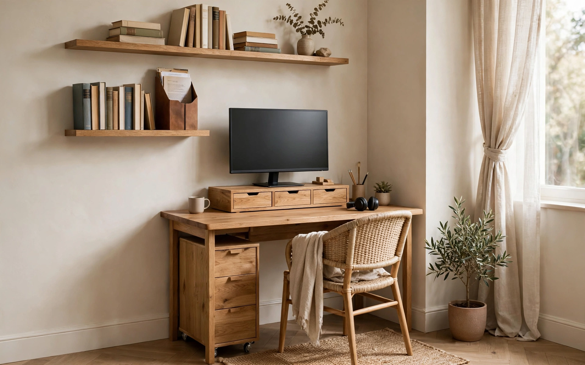 Home office desk setup ideas for tiny desks: compact desk with monitor riser and wall shelves