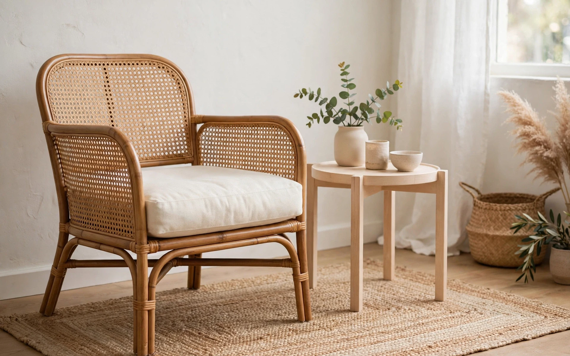 Rattan and cane accent chair with a cream cushion as light accent chair ideas for small spaces