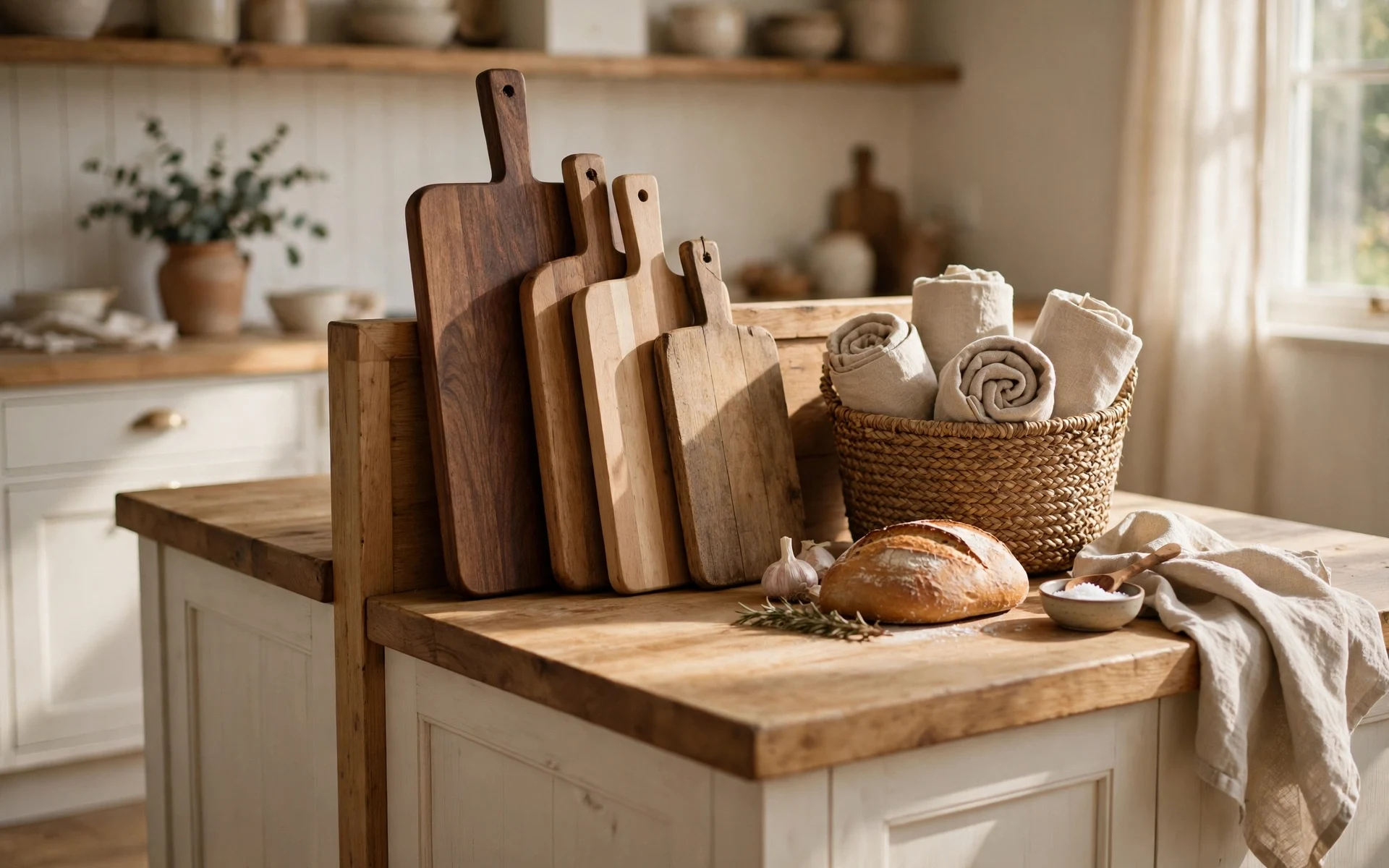 Woven basket, wooden cutting boards and linen towels as farmhouse kitchen island decor ideas