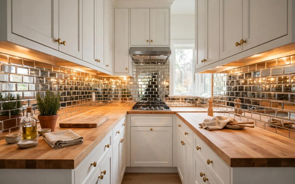 Mirror ideas for small rooms: mirrored subway tile backsplash bouncing light in a small galley kitchen