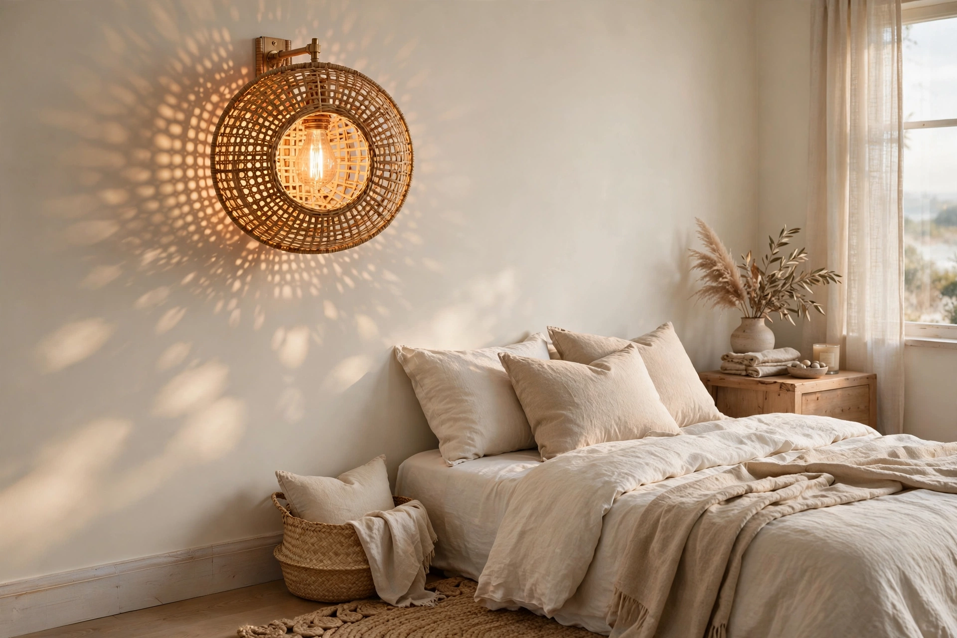 Woven rattan sconce casting patterned light, natural wall sconce ideas