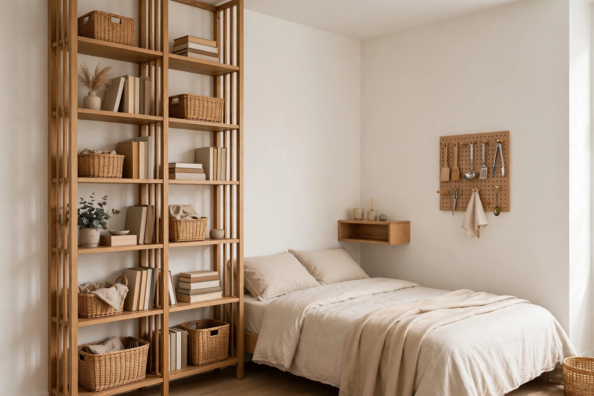 Studio apartment ideas: tall narrow shelving reaching the ceiling and wall-mounted storage in a small studio corner